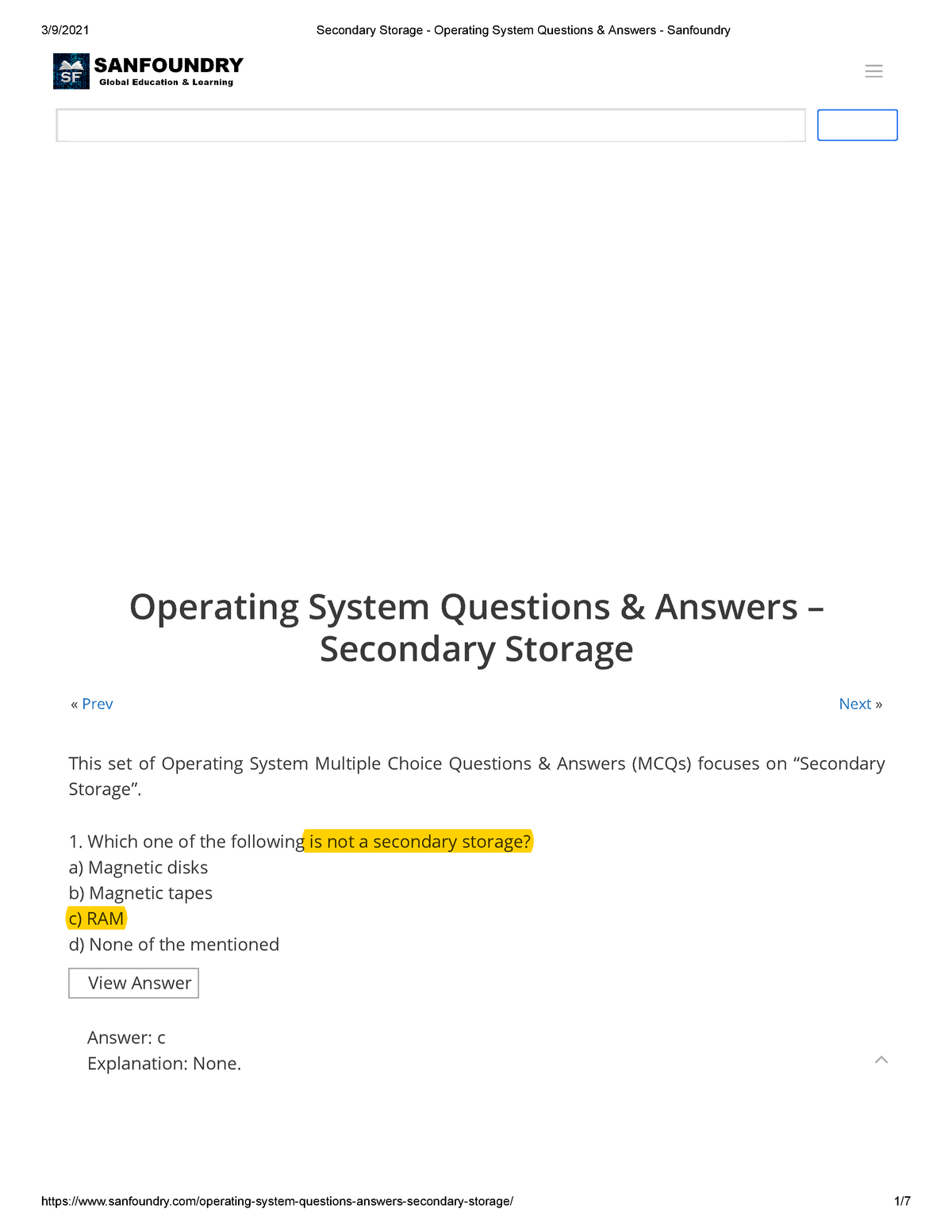 Secondary Storage - Operating System Questions & Answers - Sanfoundry ...