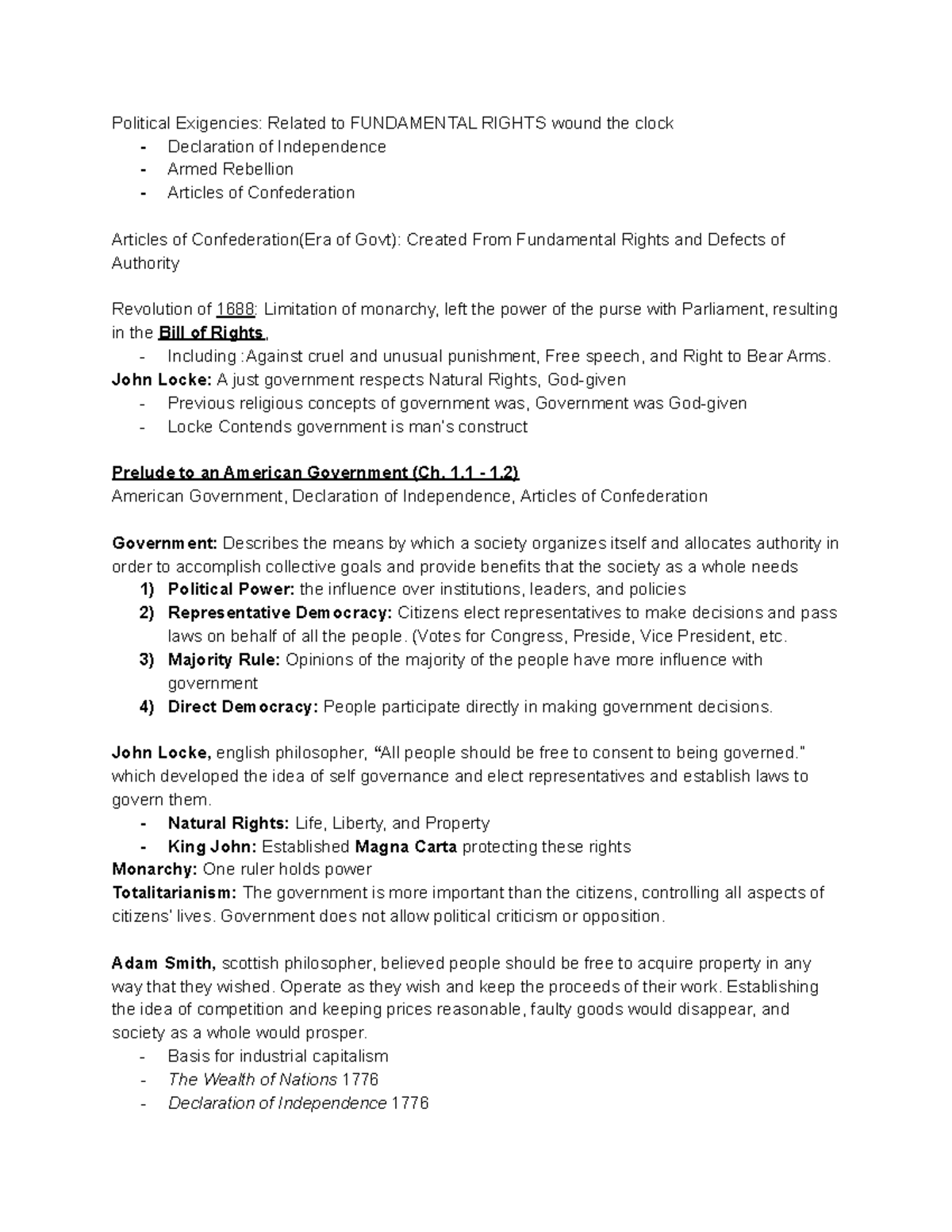 Pol 1101 Exam 1 Notes - Political Exigencies: Related To FUNDAMENTAL ...