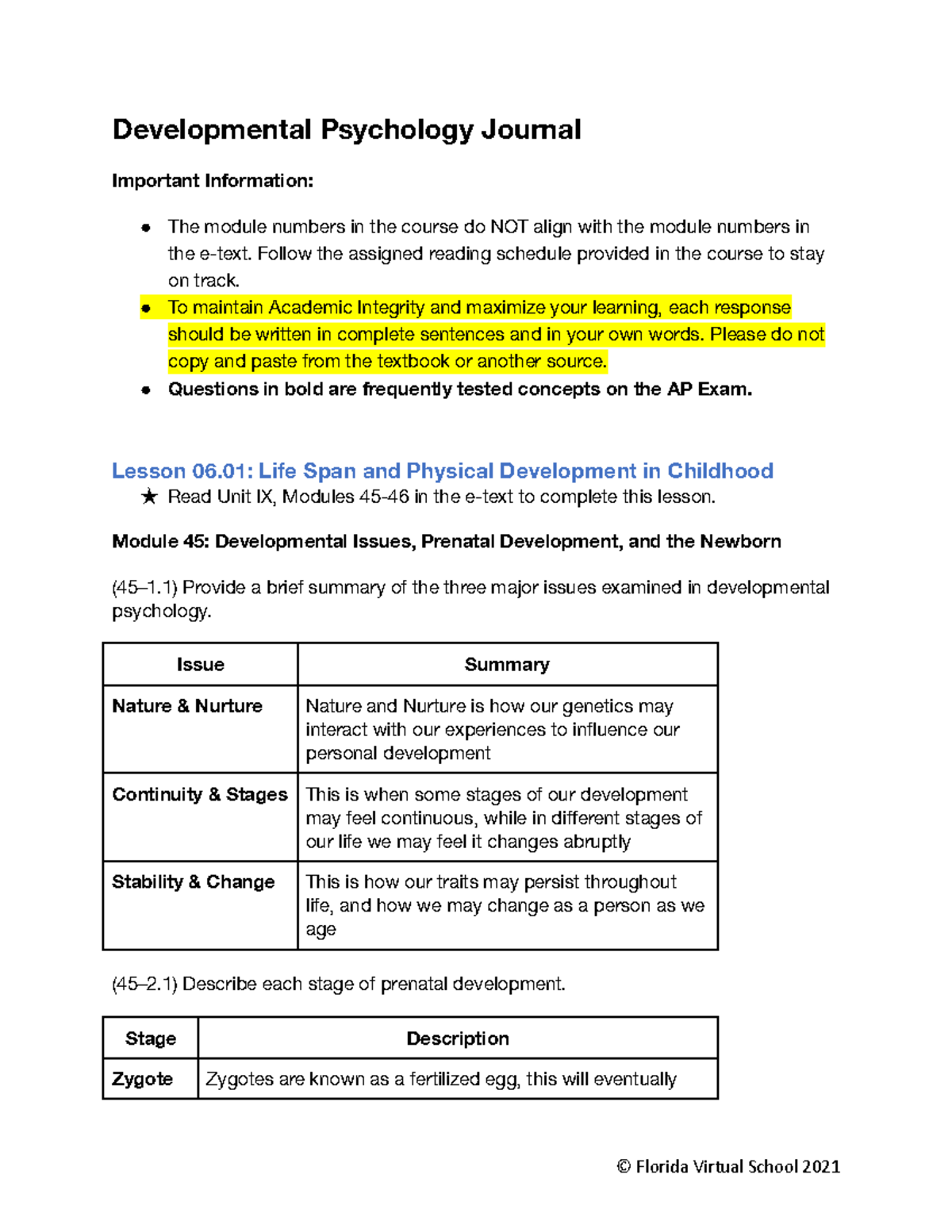 Module 6 AP Psych - Developmental Psychology Journal Important ...