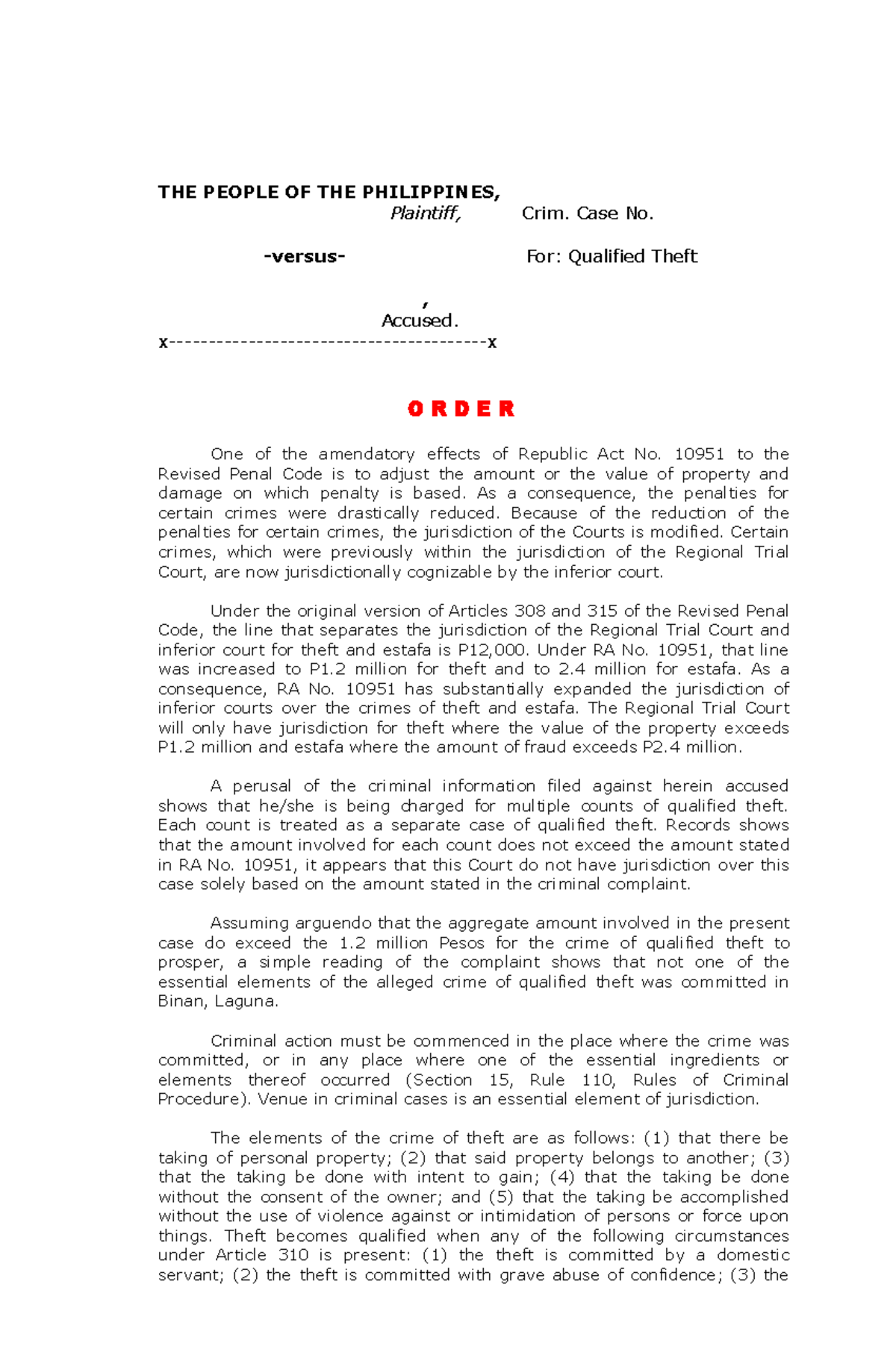 Estafa Qualified Theft - THE PEOPLE OF THE PHILIPPINES, Plaintiff, Crim ...