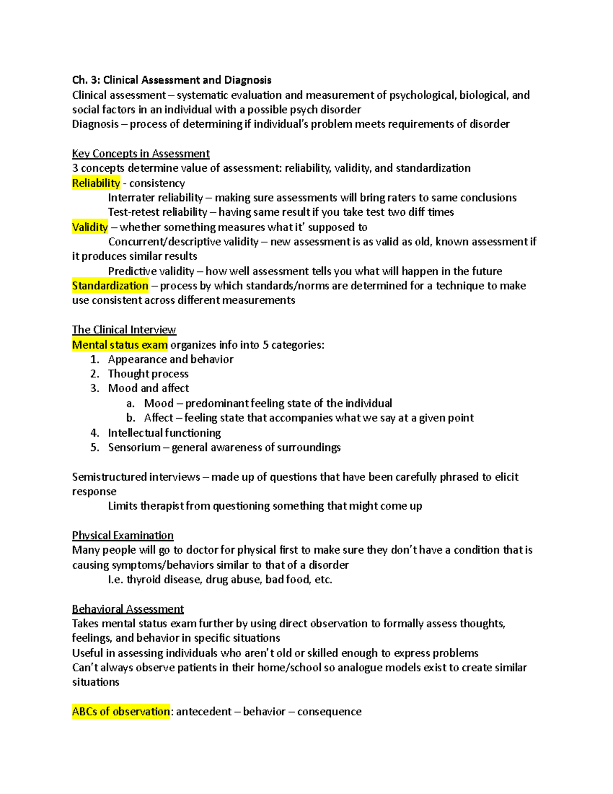 Ch 3 Notes - lecture 3 - Ch. 3: Clinical Assessment and Diagnosis ...