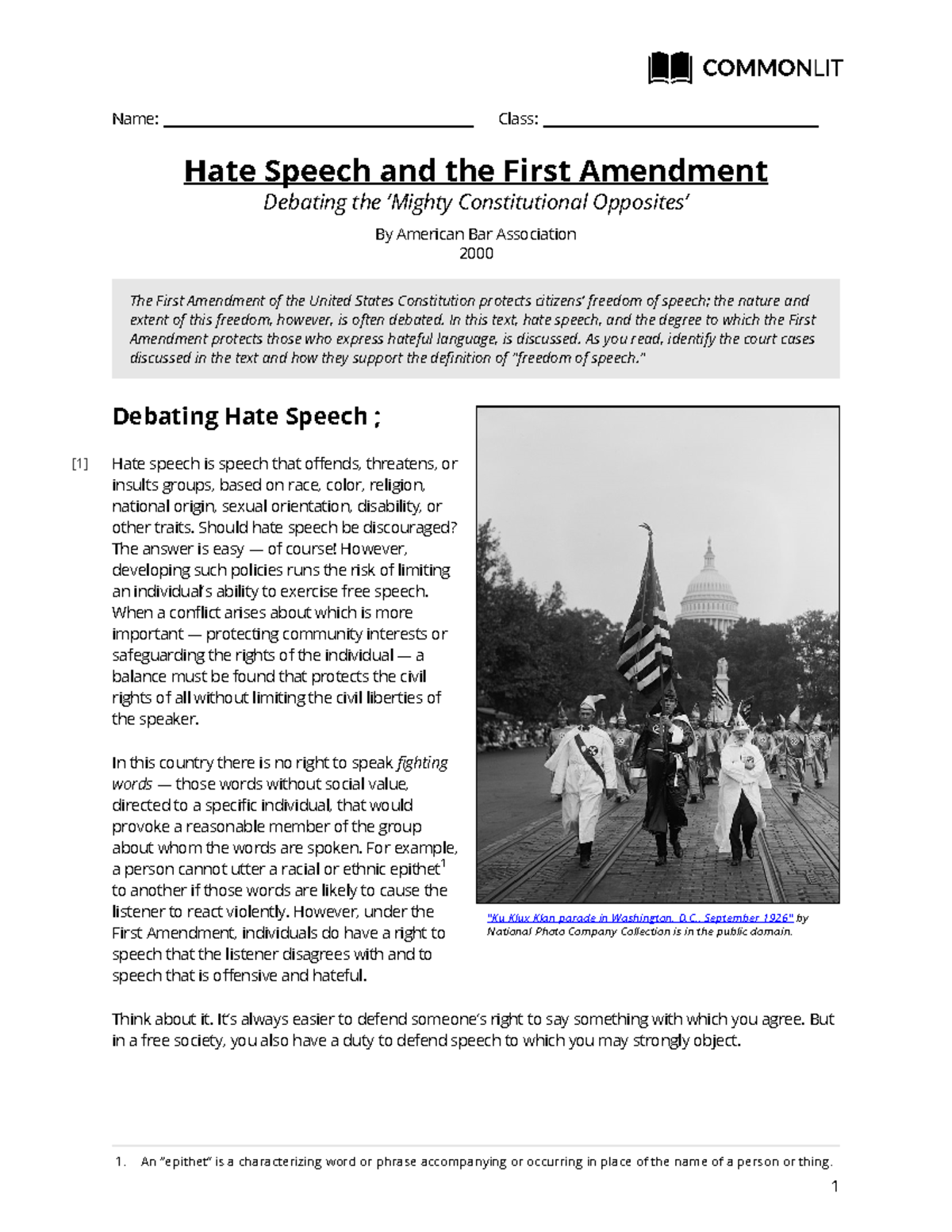 Commonlit hatespeechandthefirstamendment student Name Class