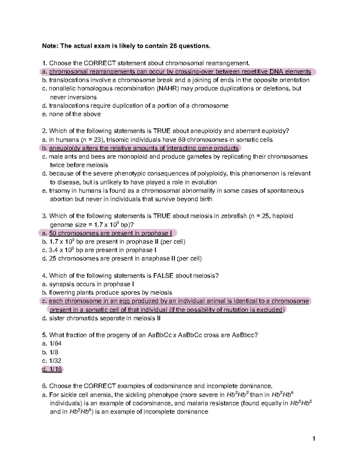 Sample Final Exam - Note: The actual exam is likely to contain 26 ...