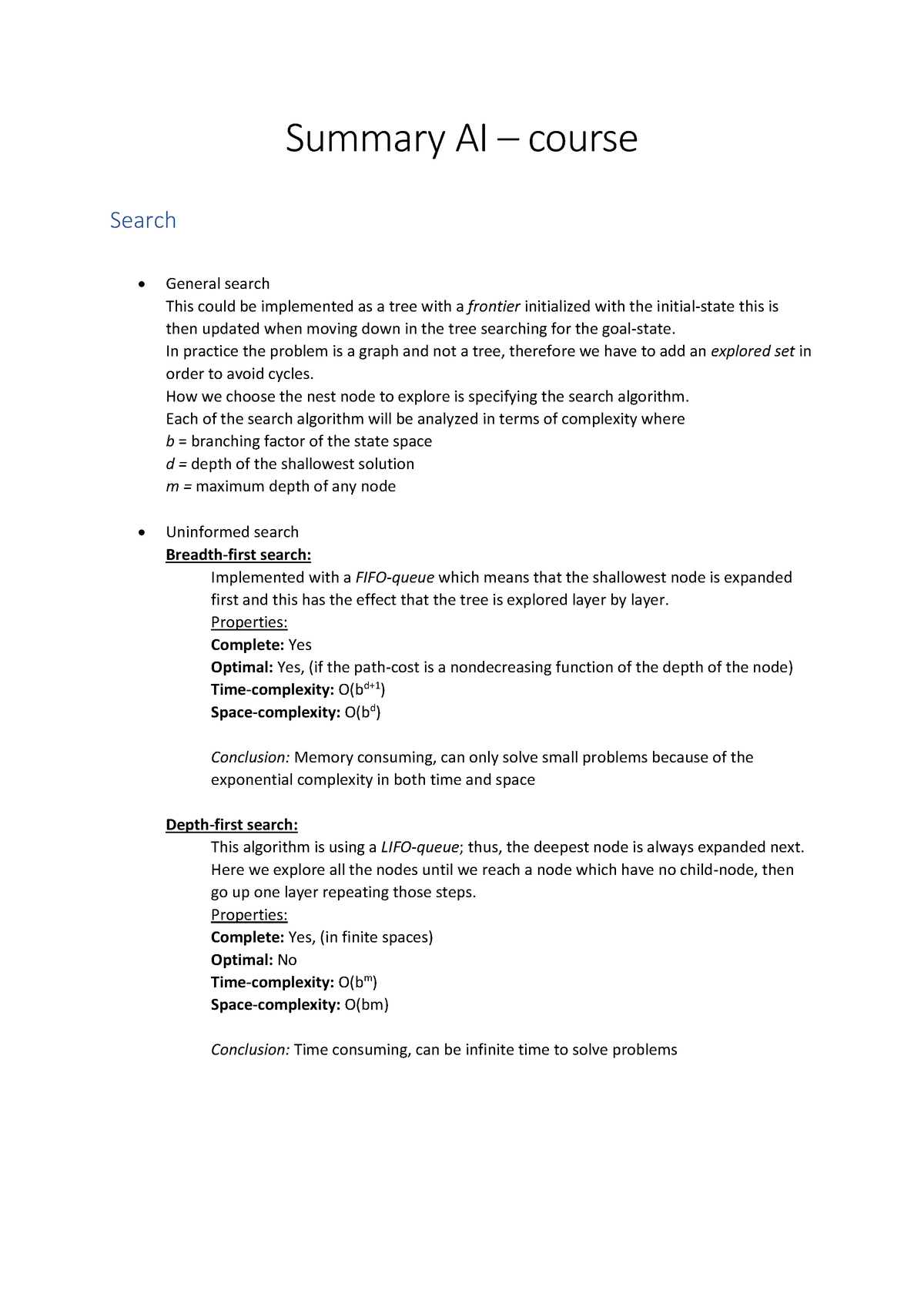 Sammanfattning Av Kursen Summary Ai Course Search General Search This Could Be Implemented As Tree With Frontier Initialized With The Initial State This Is Studocu