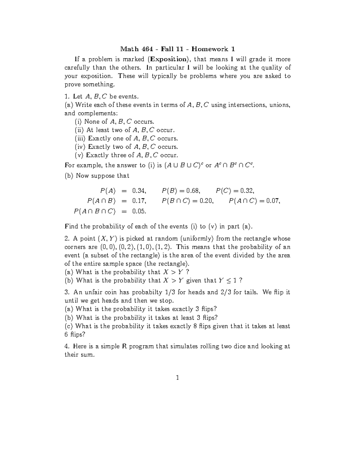 Hmwk1 - Homework Assignment 1 - Math 464 Fall 11 Homework 1 If A ...