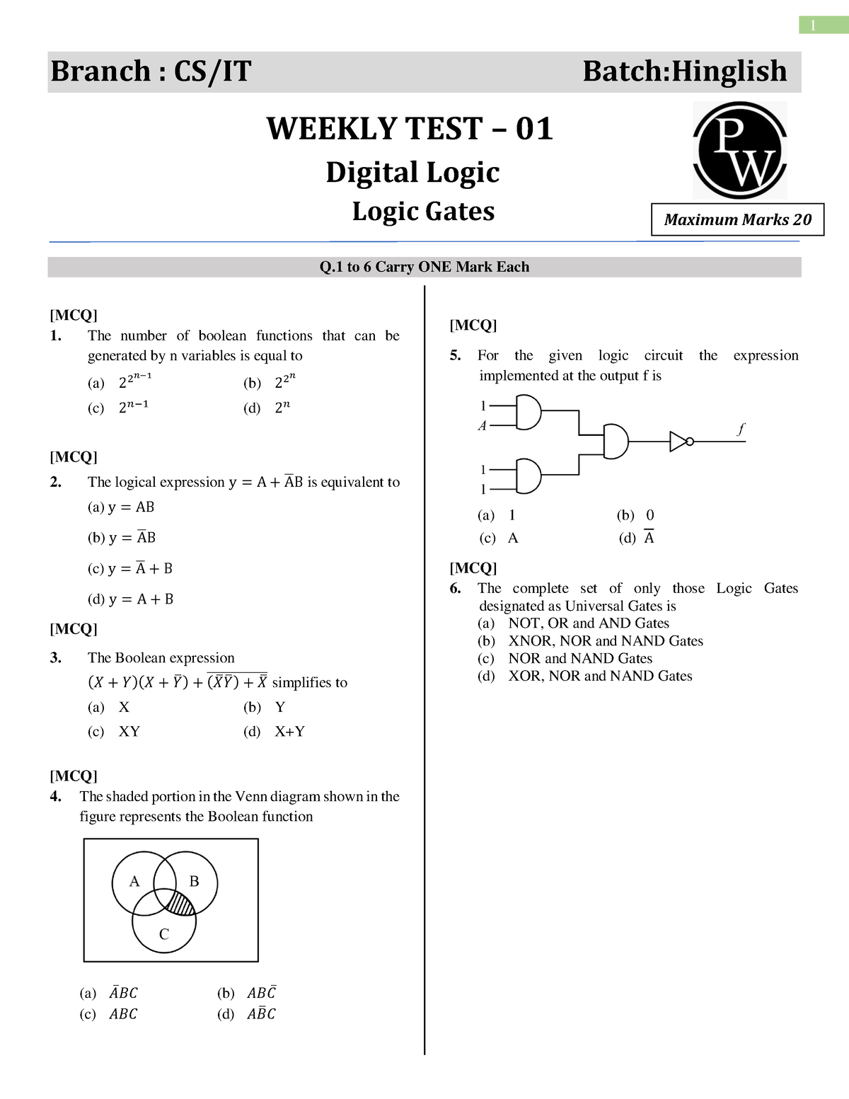 Digital Logic Weekly Test 01 Test Paper Parakram GATE 2024 Computer   Thumb 1200 1553 