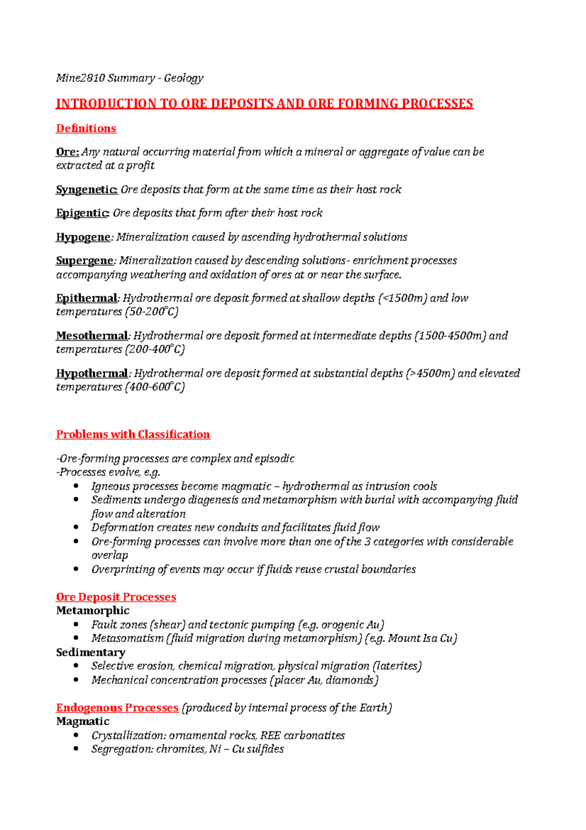 MINE2810 Summary Geology - Mine2810 Summary Geology INTRODUCTION TO ORE ...