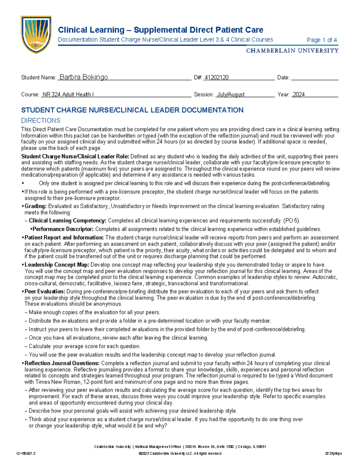 Level 34 Supplemental DPCD Documentation Student Charge Nurse