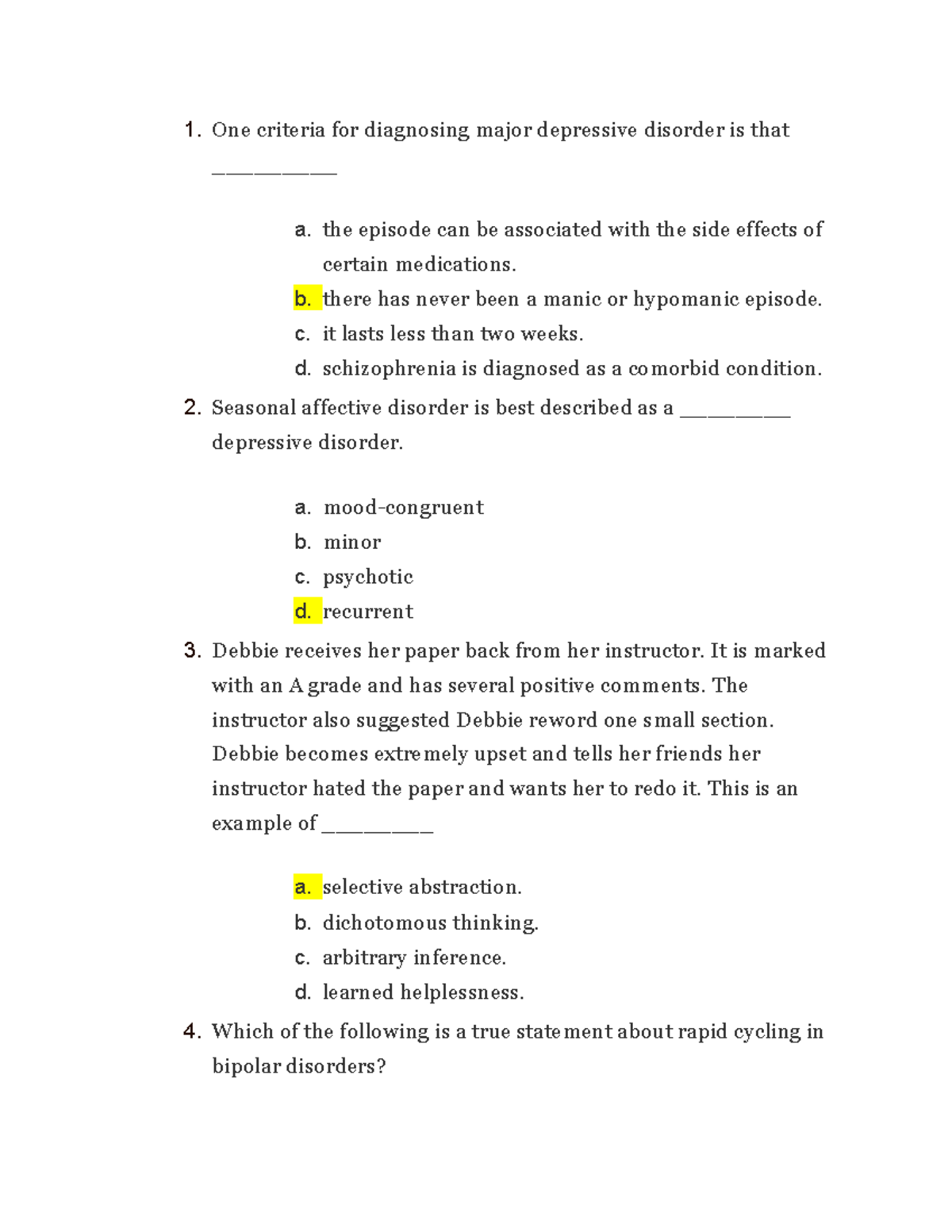 Quiz 3 - quiz 3 answers - One criteria for diagnosing major depressive ...