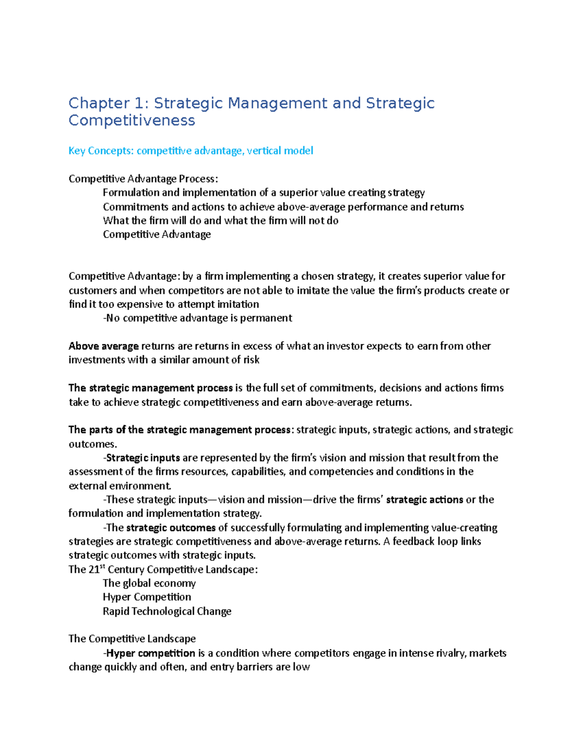 Strat Class Notes - Chapter 1: Strategic Management And Strategic ...