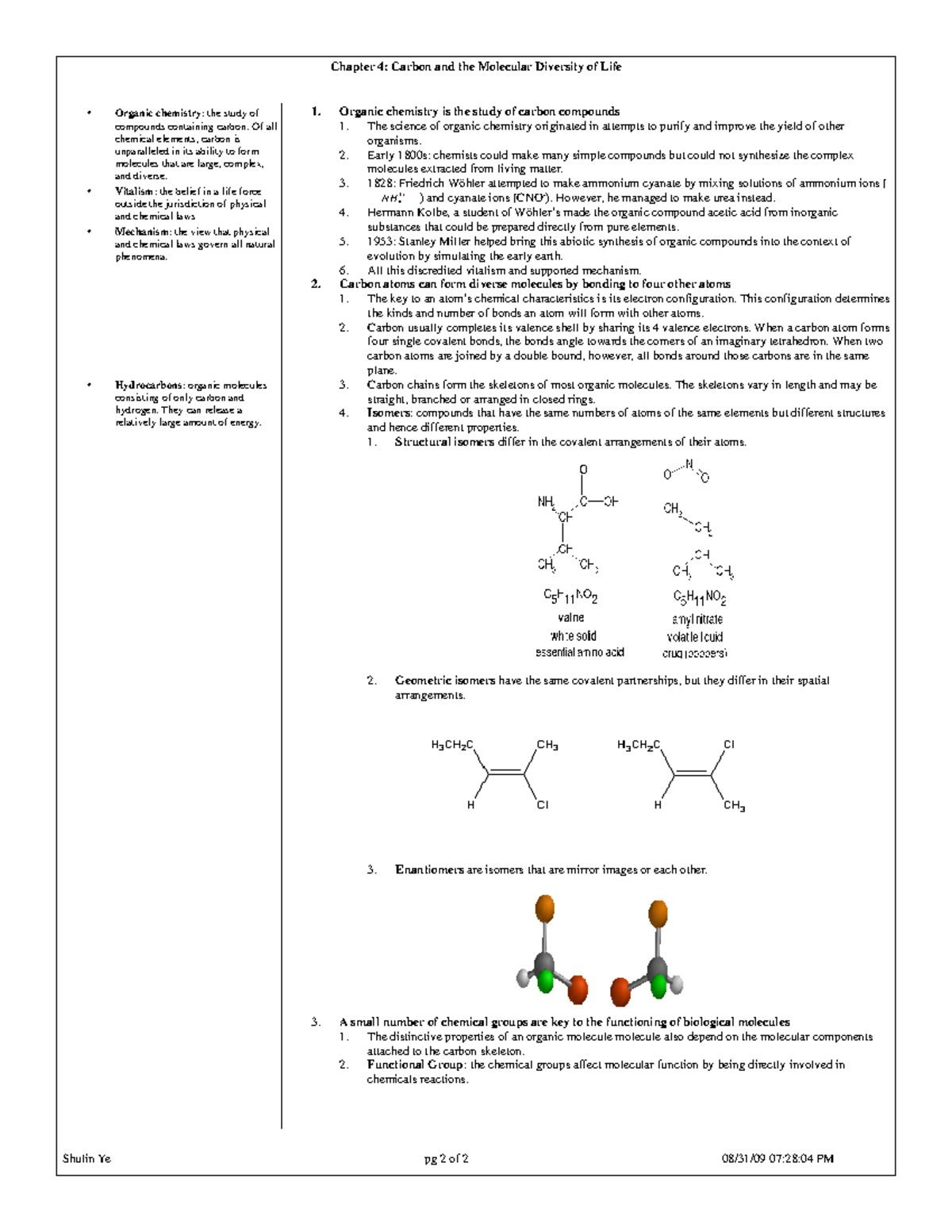 New Bio Notes-2 - Bio Lecture Notes - Chapter 4: Carbon and the ...