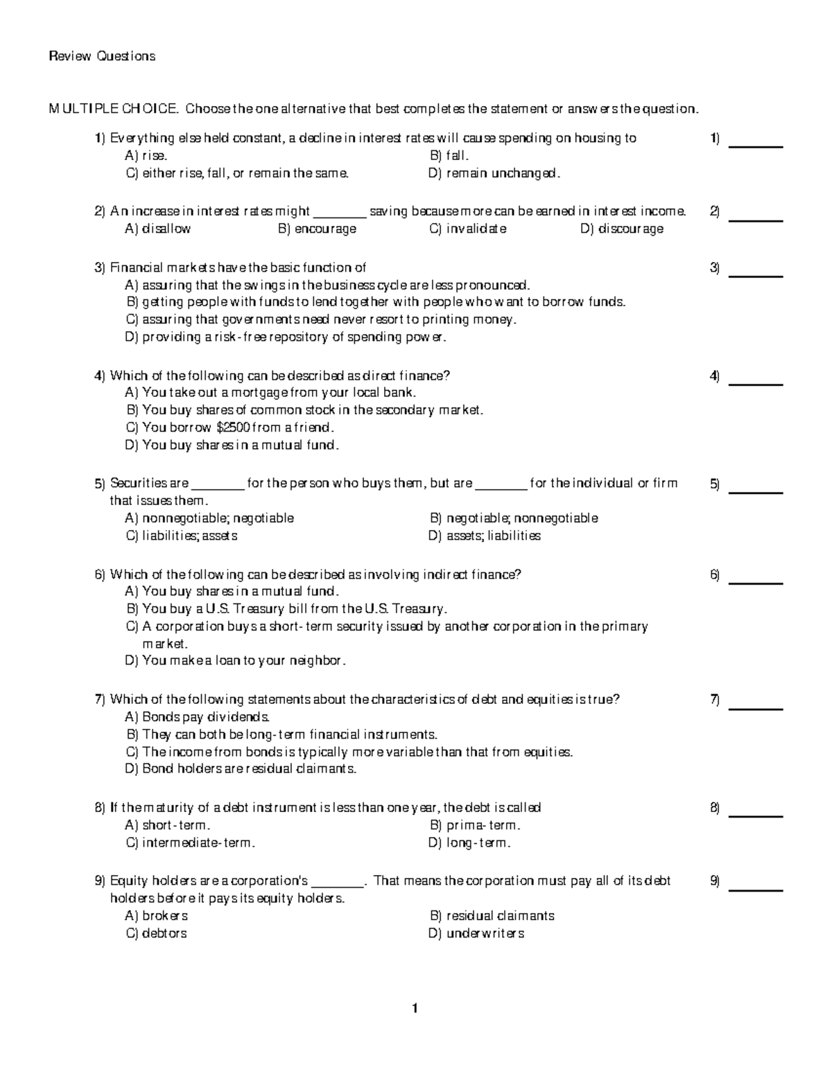 Review Ch1,2,3,4 - Review Questions MULTIPLE CHOICE. Choose the one ...