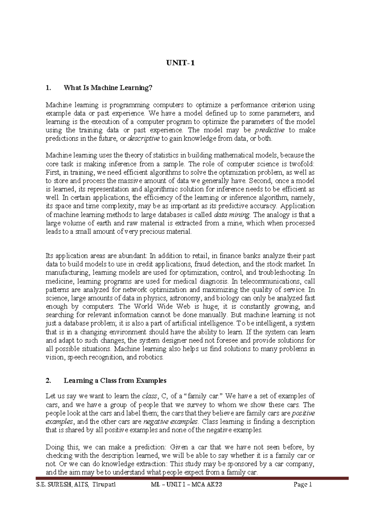 ML-UNIT I Notes updated - UNIT- 1 What Is Machine Learning? Machine ...