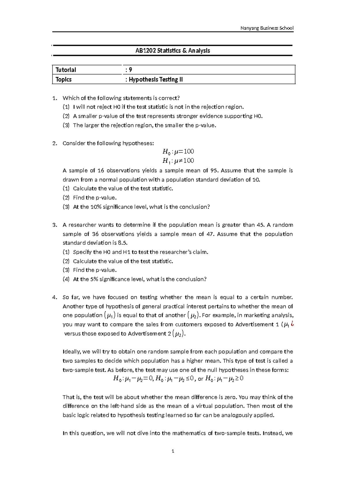 Questions week 9 - STATS - Nanyang Business School AB1202 Statistics ...