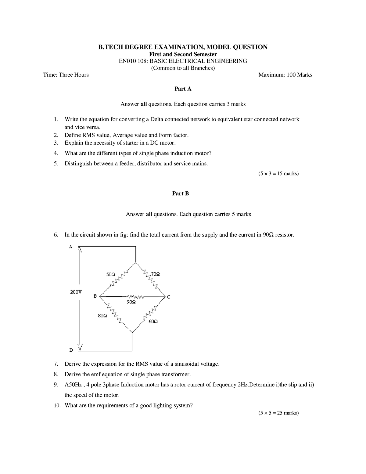 Basic Electrical Engineering - B DEGREE EXAMINATION, MODEL QUESTION ...