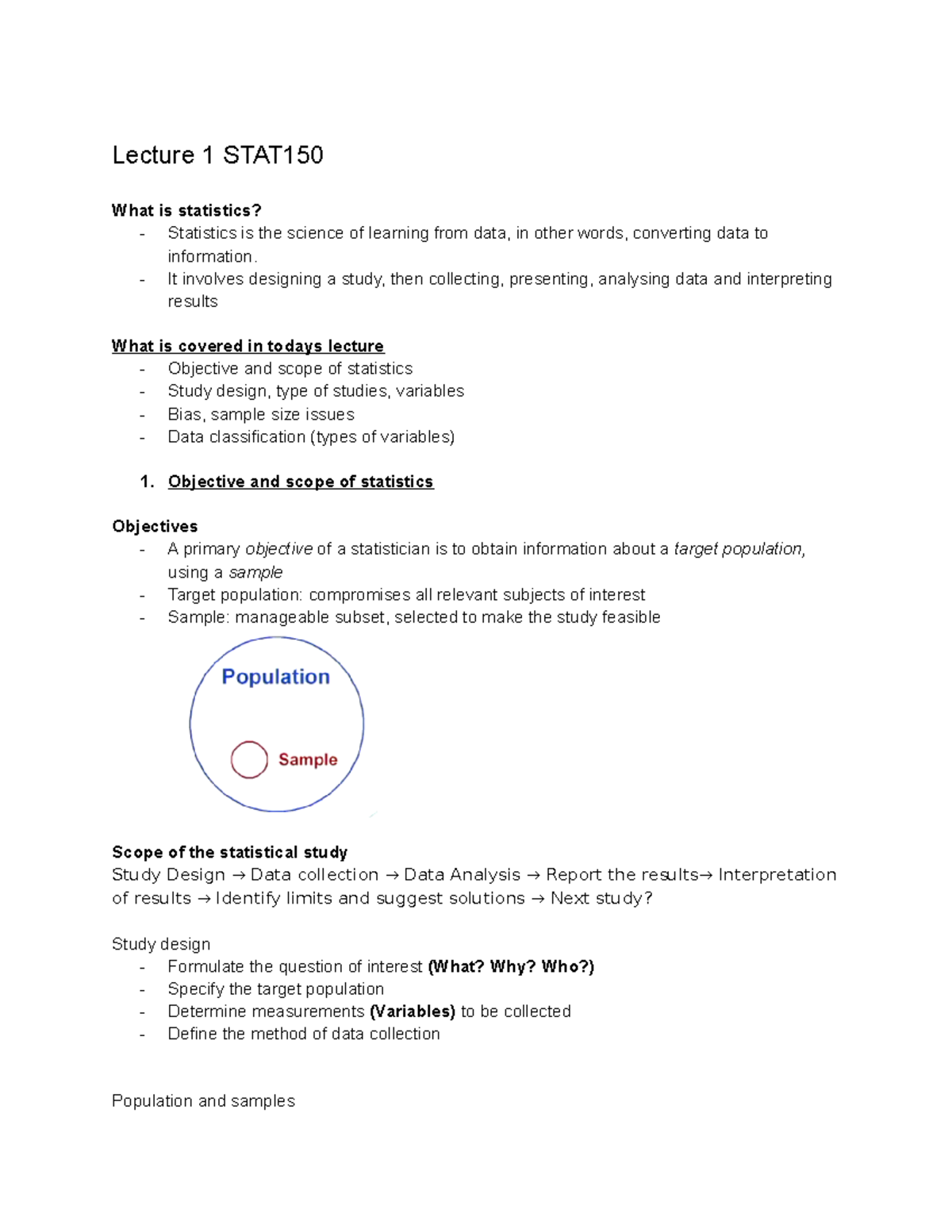 STAT150 Lecture Notes Week1-3 - Lecture 1 STAT What is statistics ...