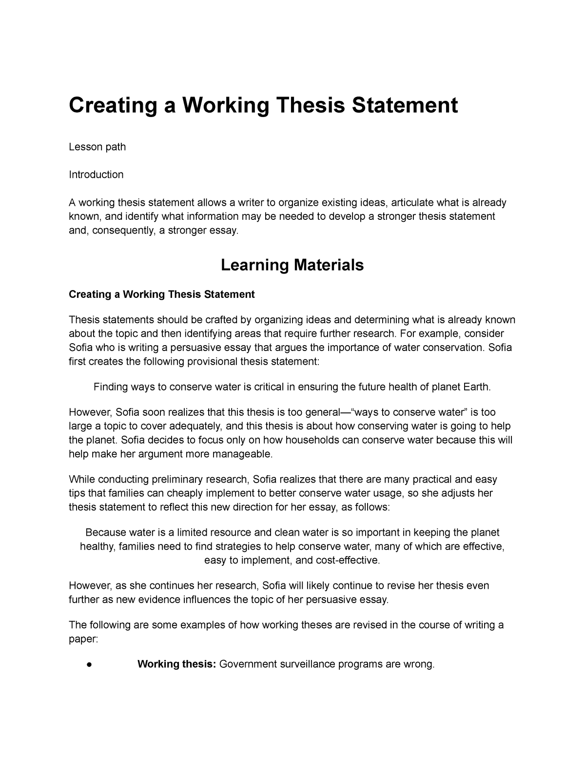 working thesis example college