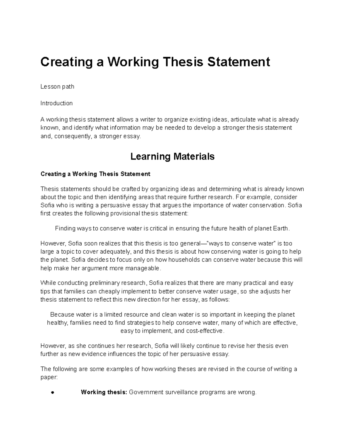 Creating A Working Thesis Statement Learning Materials Creating A 