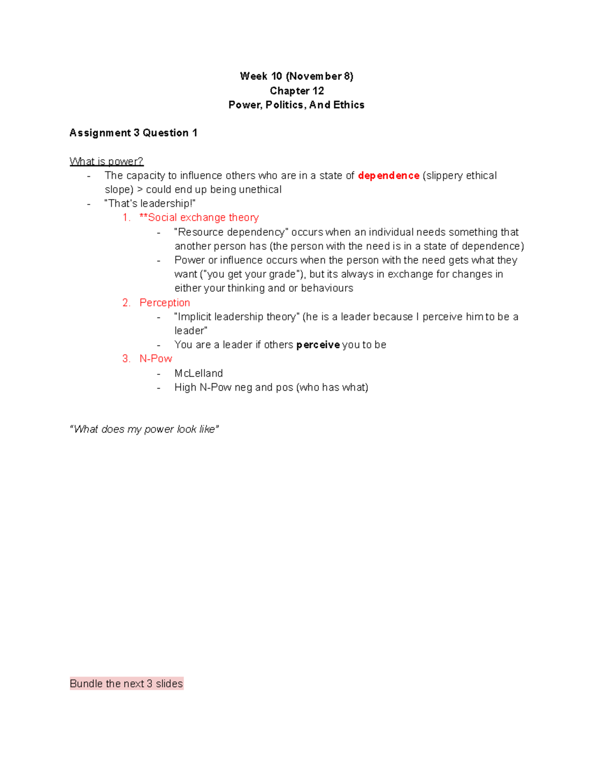 Week 10 - organizational behaviour notes - Week 10 (November 8) Chapter ...