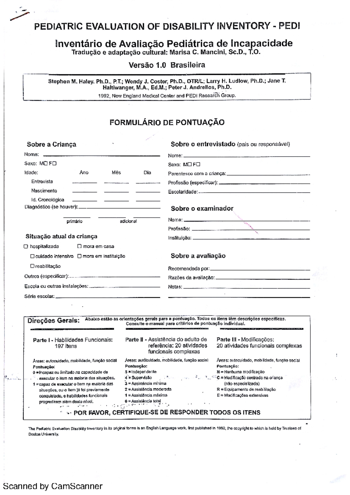 PEDI - Ficha de preenchimento para identificar o funcionamento no PEDI ...
