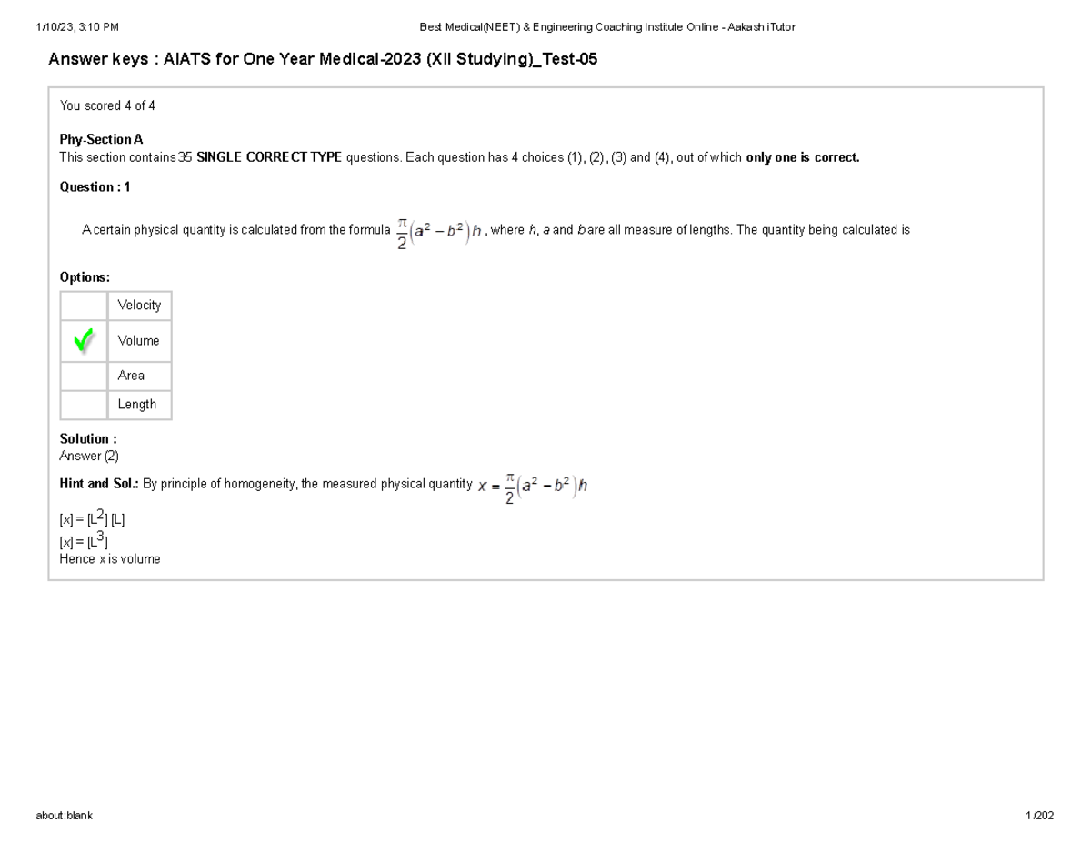 Aiats 5 Answer key Good PhySection A Question 1 Answer keys