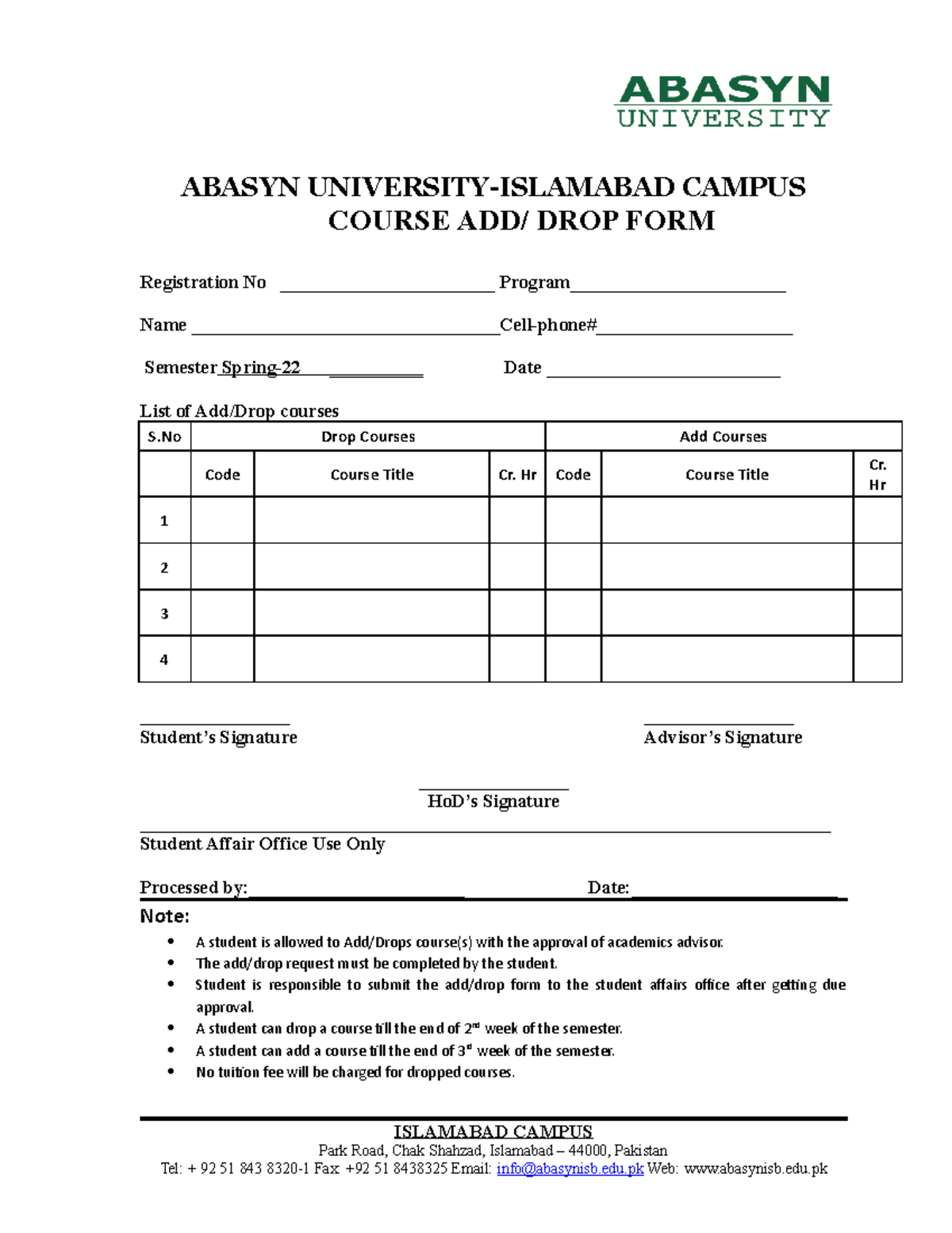 Course add drop form doc abasyn university islamabad campus course