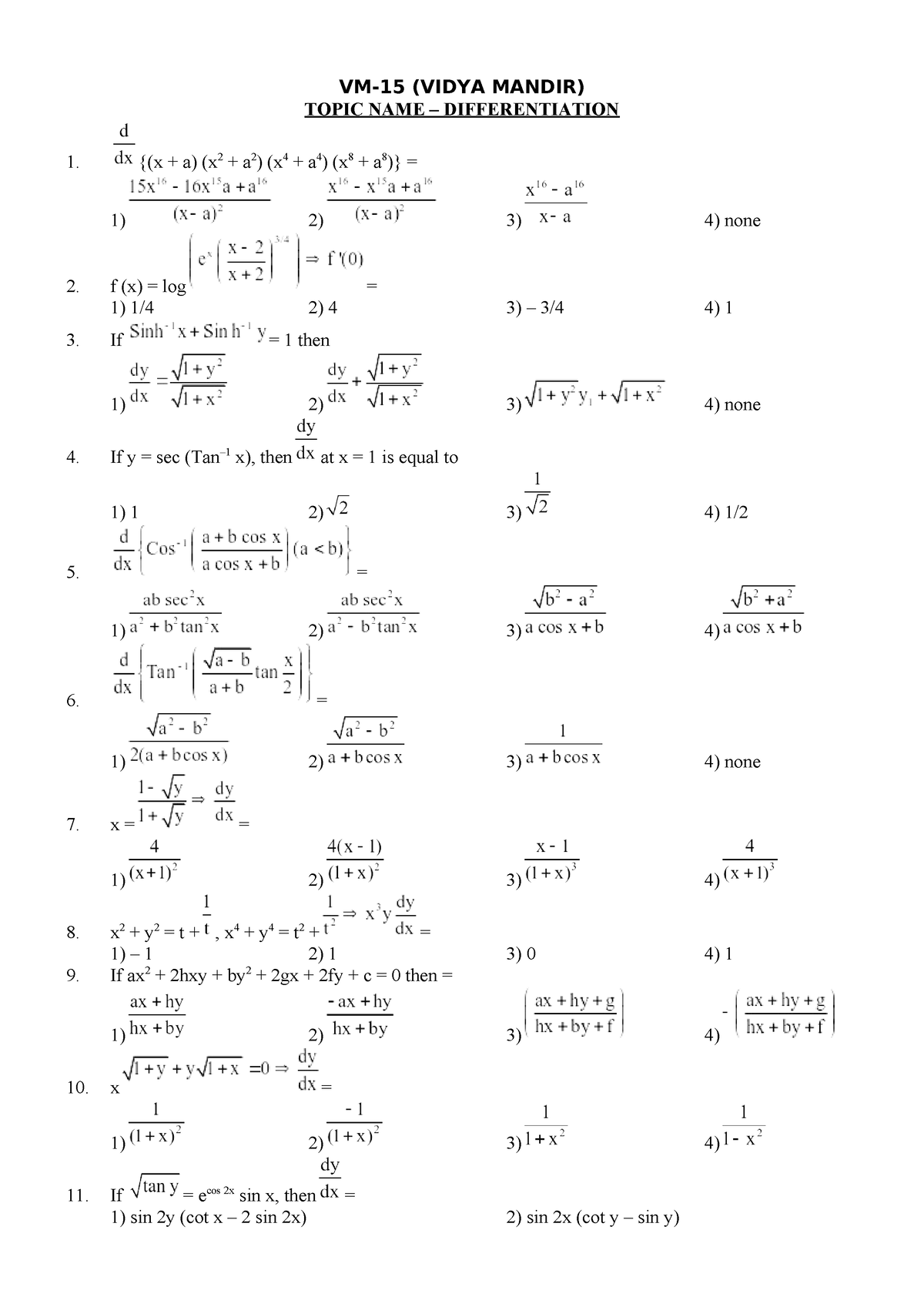 Differentiation KEY Solutions - VM-15 (VIDYA MANDIR) TOPIC NAME ...