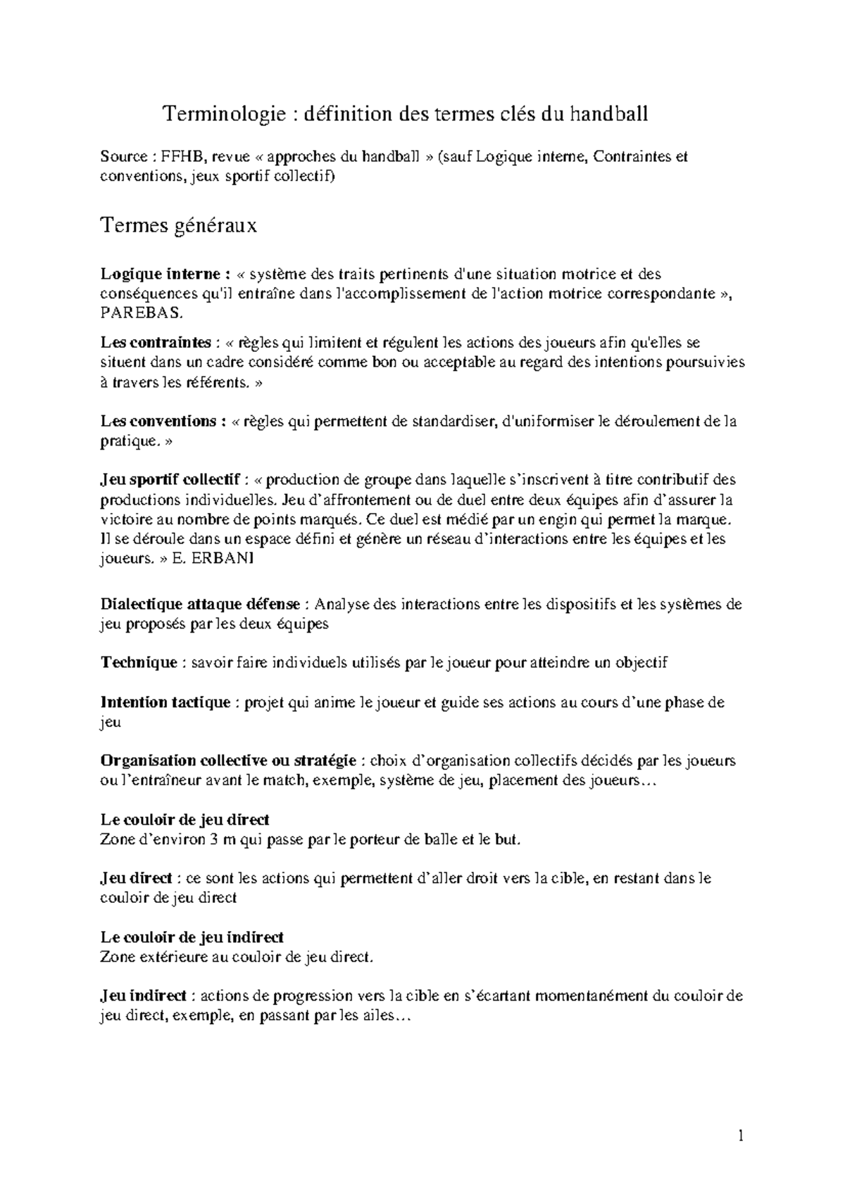 HB important Handball Terminologie définition des termes clés du
