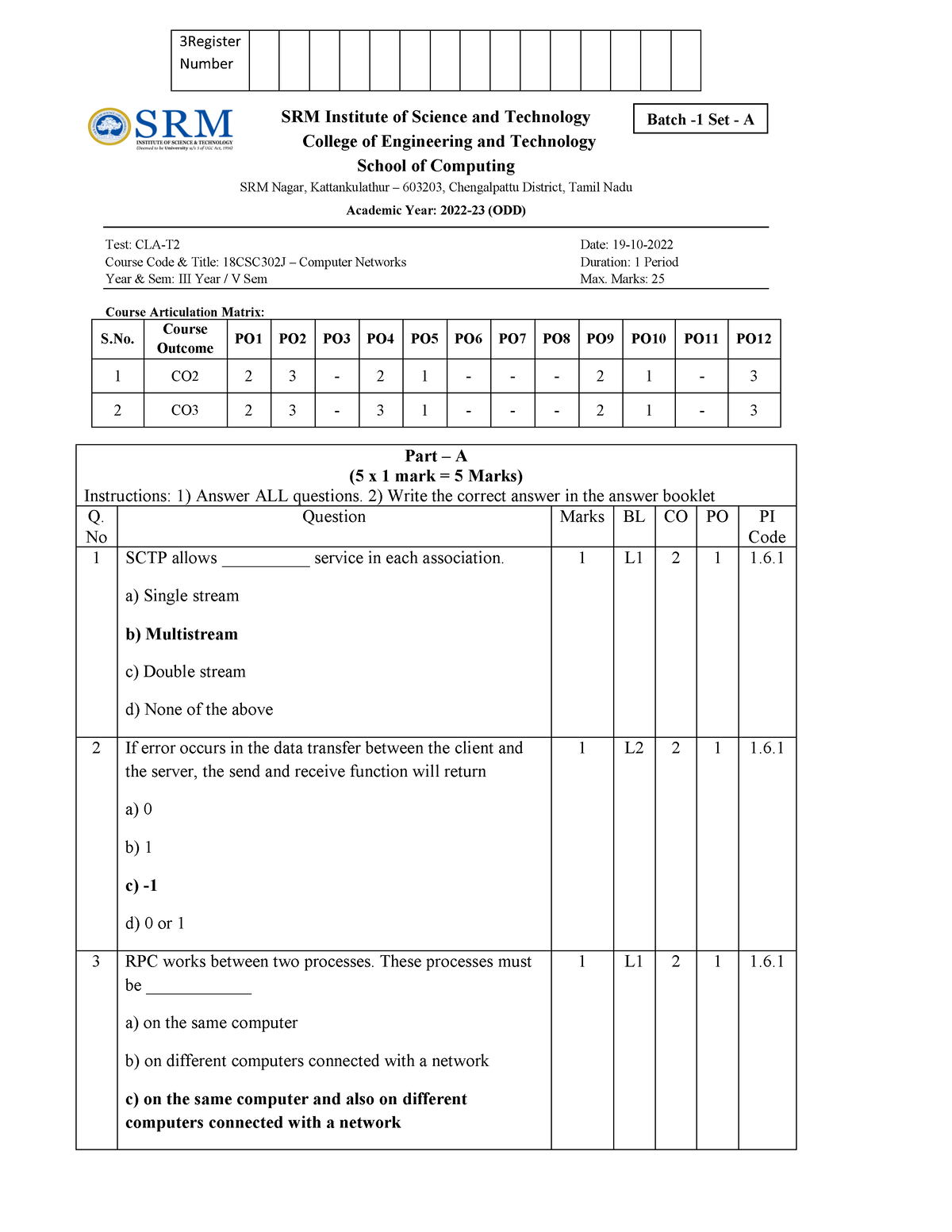 CT2 Papers - CT 2 PAPER - 3Register Number SRM Institute of Science and ...