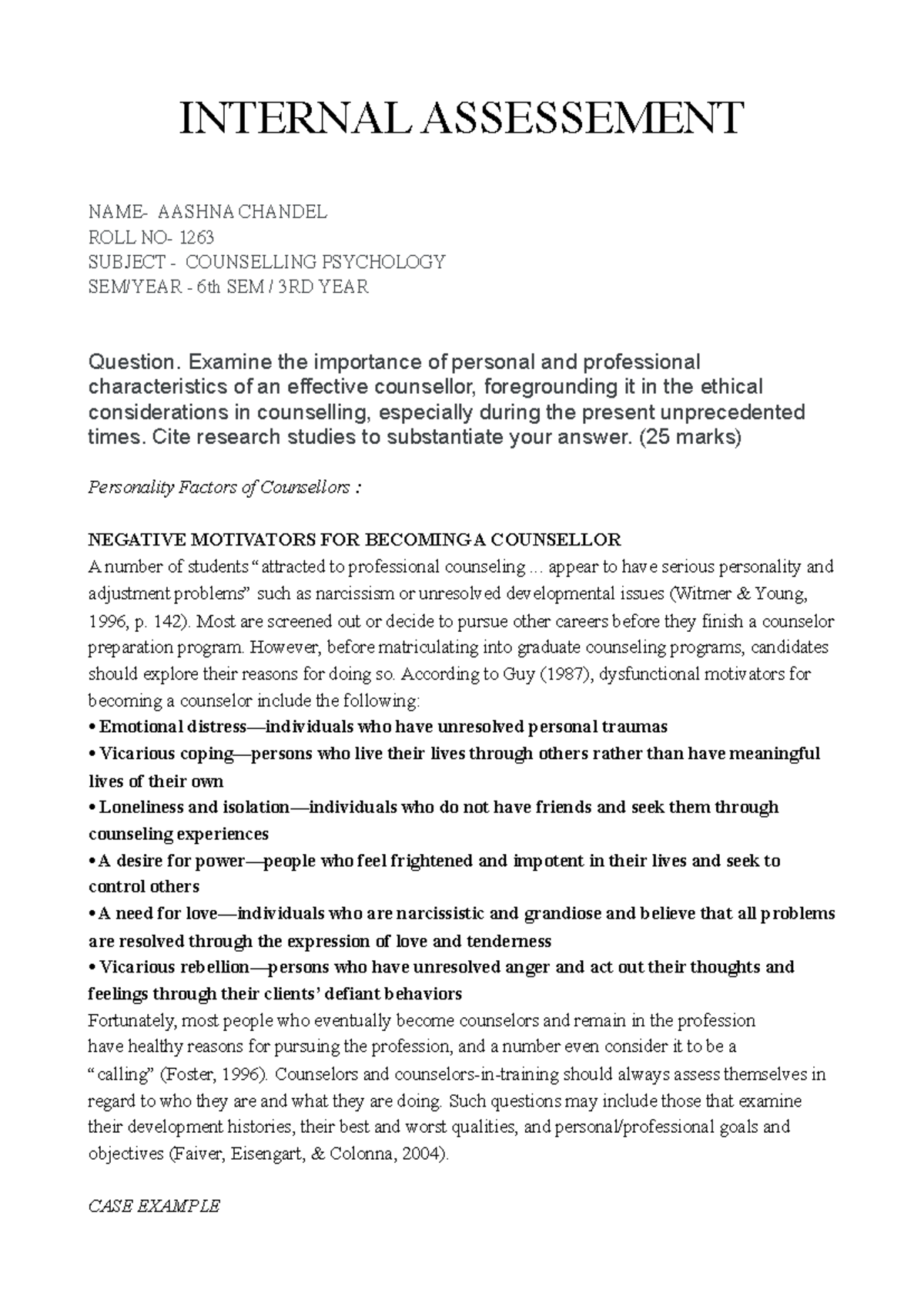 counselling psychology - INTERNAL ASSESSEMENT NAME- AASHNA CHANDEL ROLL ...