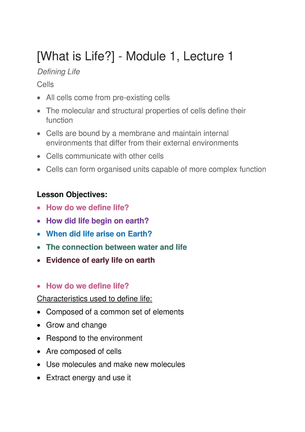 Biology Lecture 1 Notes - BIOL10009 - Unimelb - Studocu