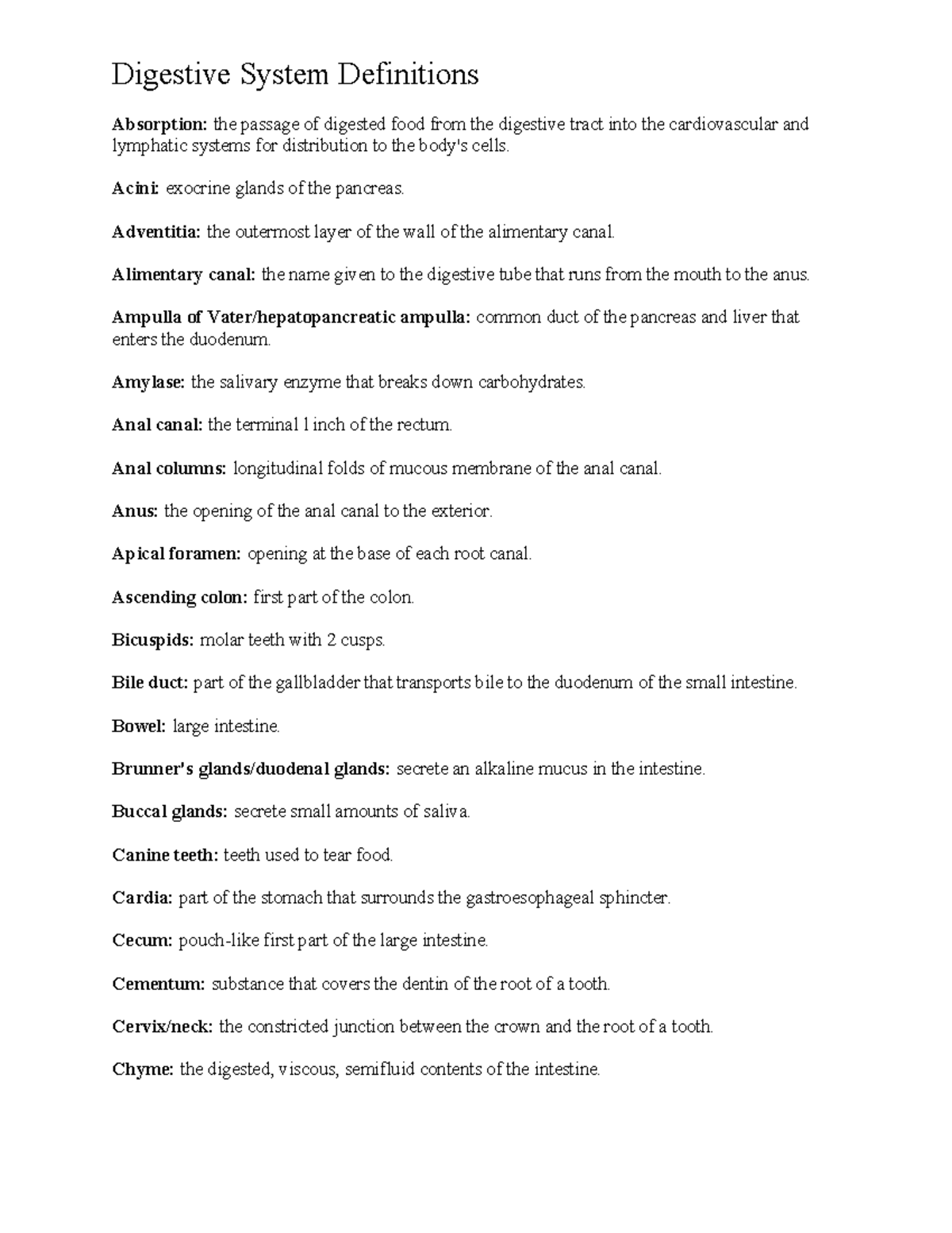 Digestive System Definitions - Studocu