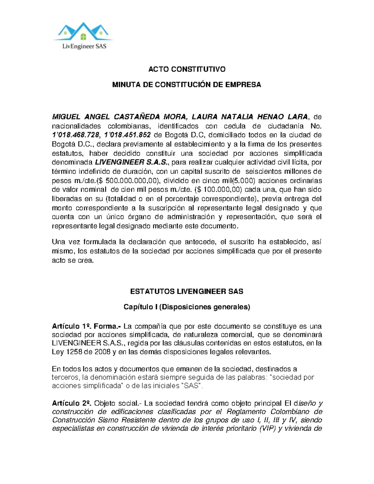 Anexo Trabajo De Grado N°2. Acta De Constitucion Empresa - ACTO ...