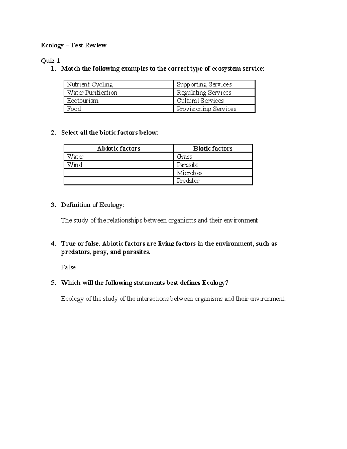 Ecology Test Review Chapter 1 - Ecology – Test Review Quiz 1 1. Match ...