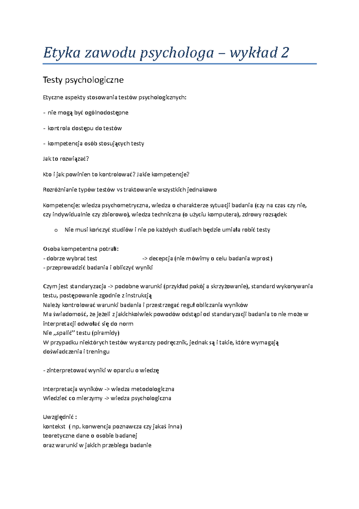 Etyka zawodu psychologa wykład 2 Testy Psychologiczne - Etyka zawodu