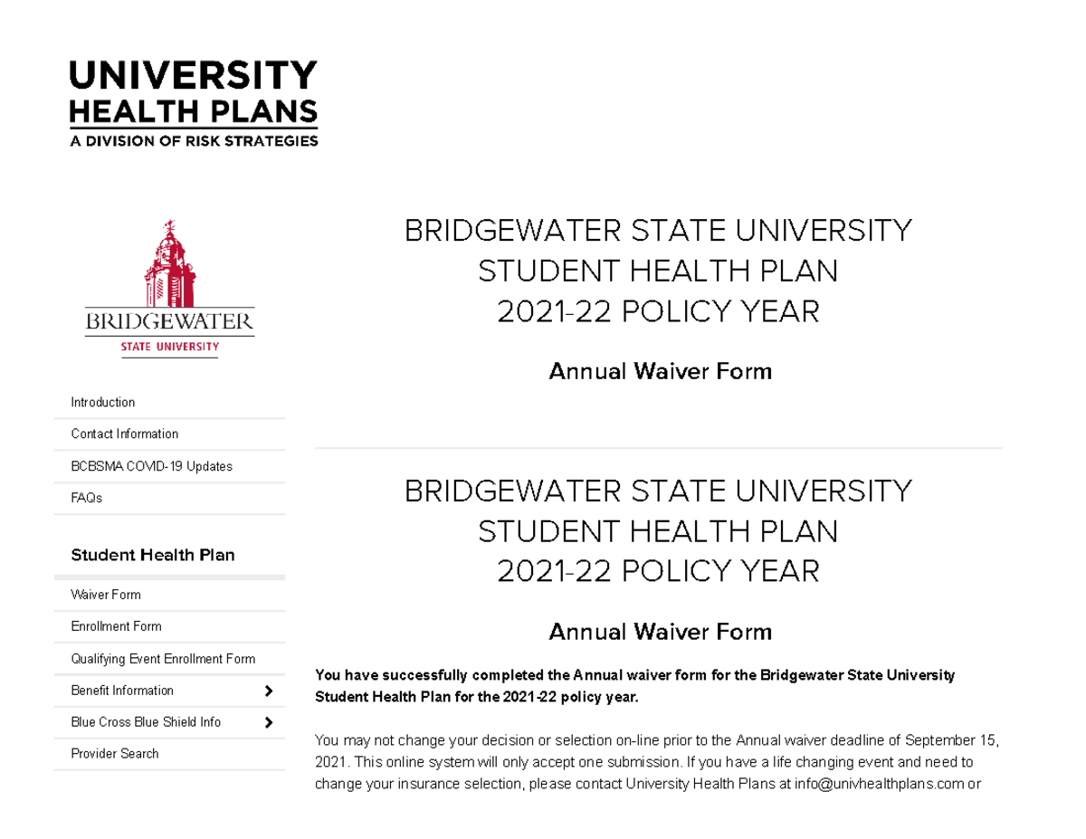 Bridgewater State University University Health Plans, Inc Waiver