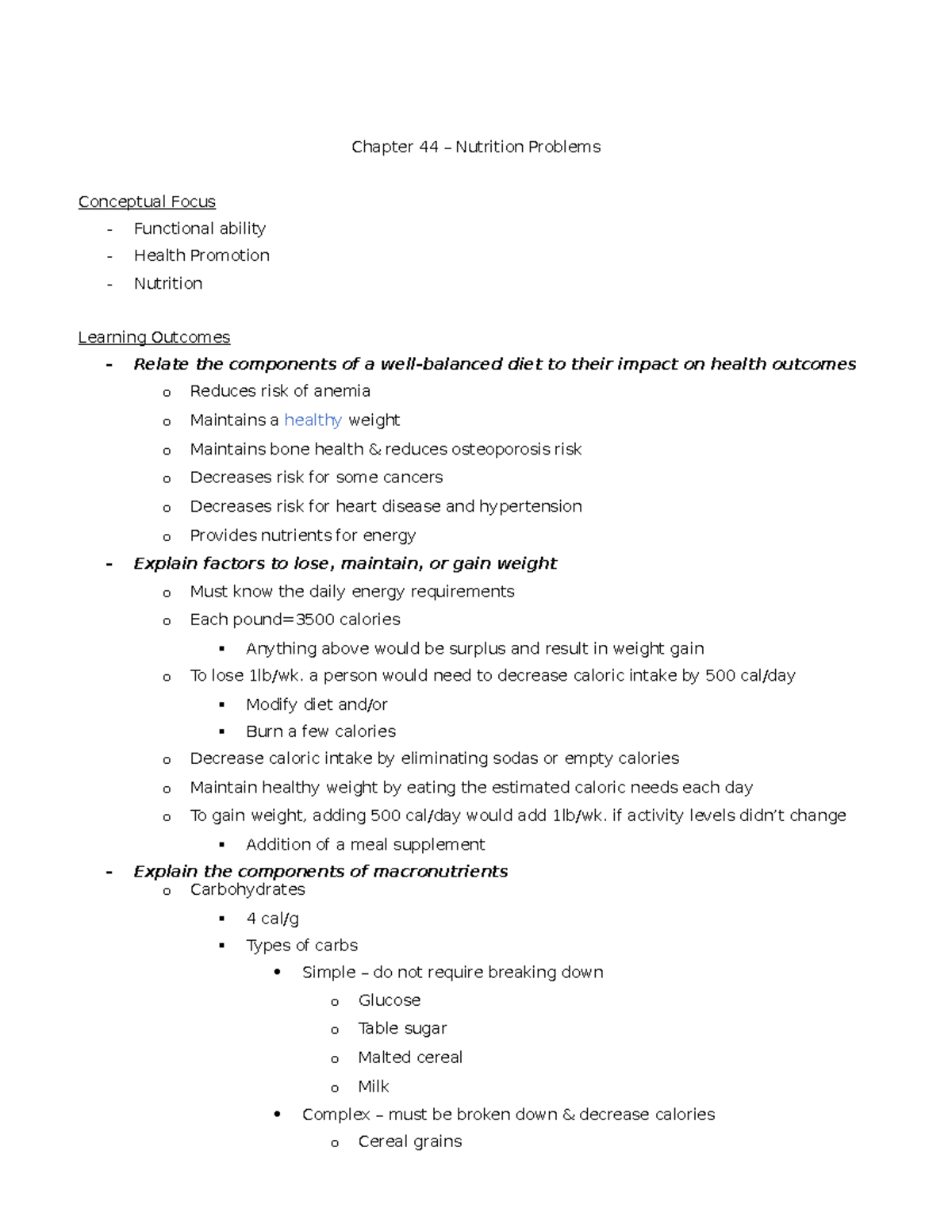 Nsg 219 Lewis Chapter Outlines Exam 1 Chapter 44 Nutrition Problems