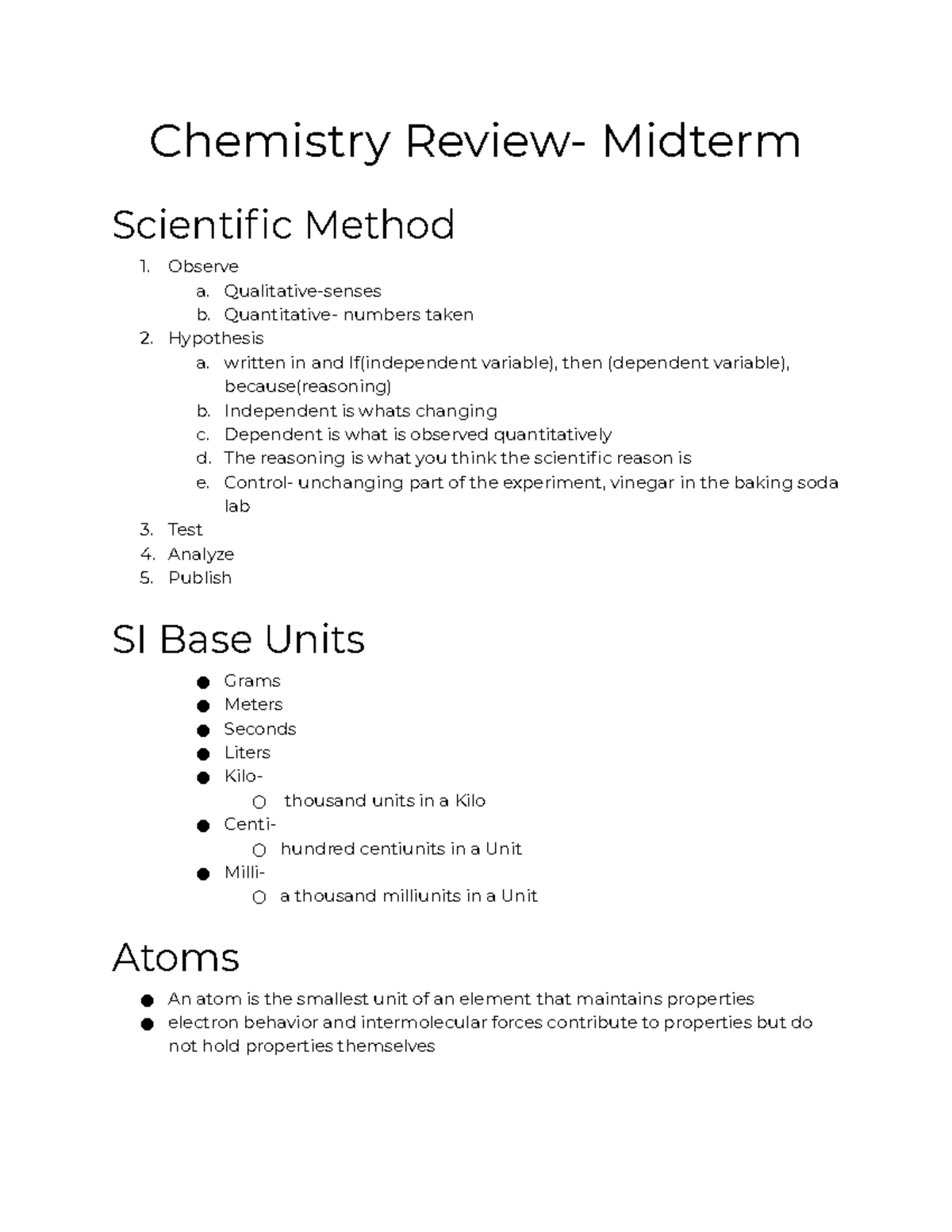 Chemistry Review- First Semester Midterm - Chemistry Review- Midterm ...