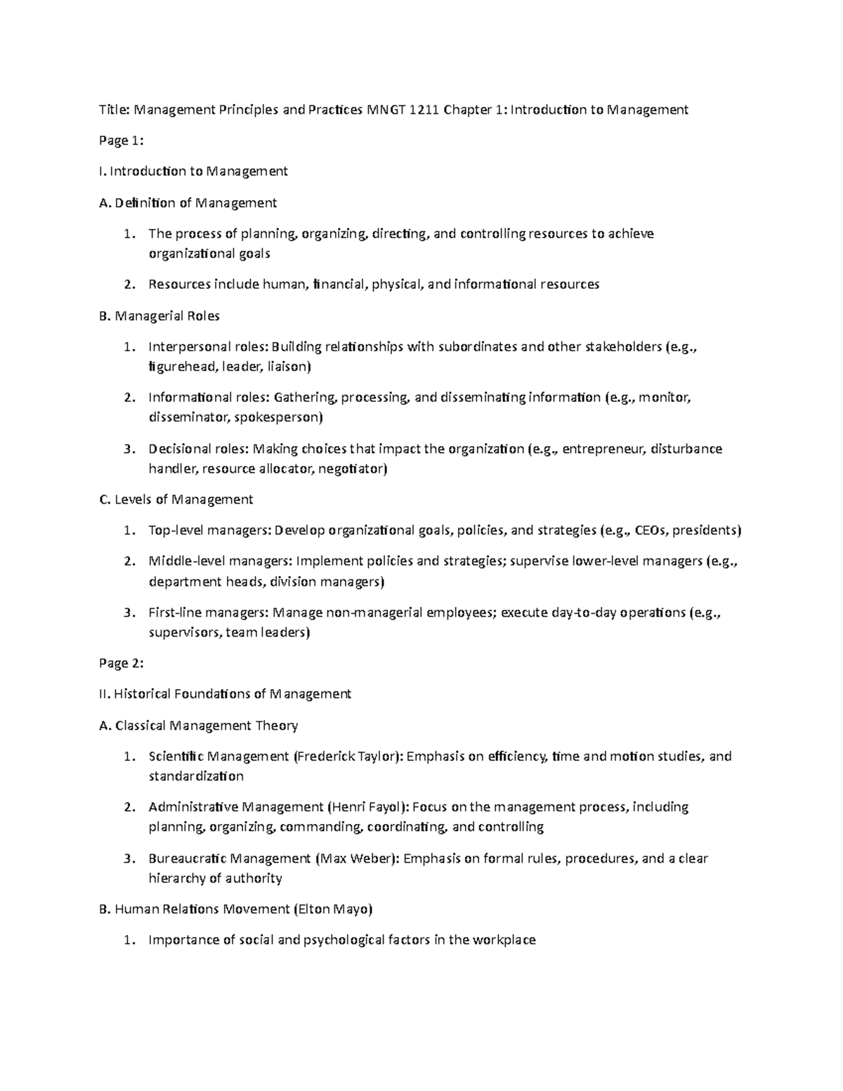 Management Principles and Practices MNGT 1211 Chapter 1 - Title ...