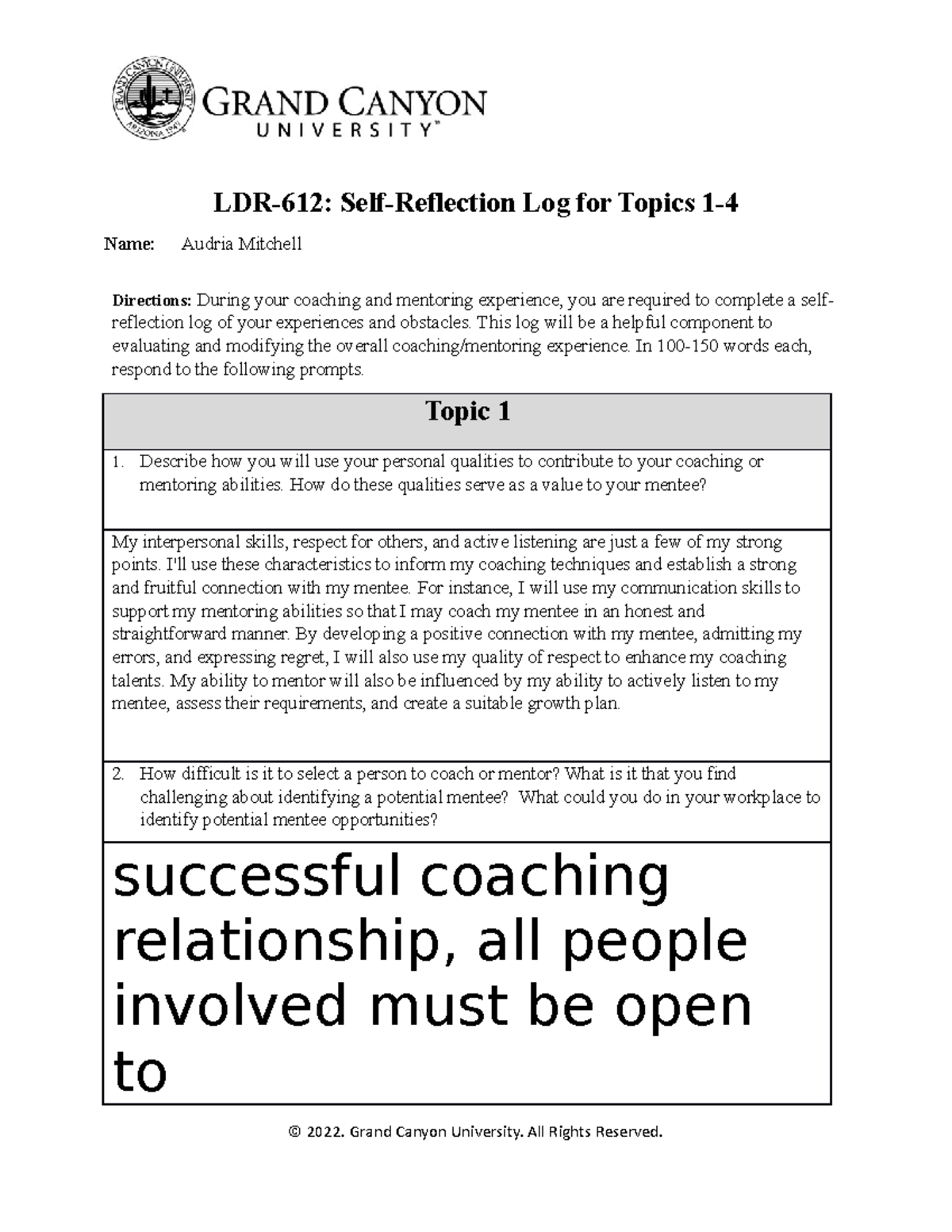 LDR 612 RS T1 T4Self Reflection Log - LDR-612: Self-Reflection Log for ...