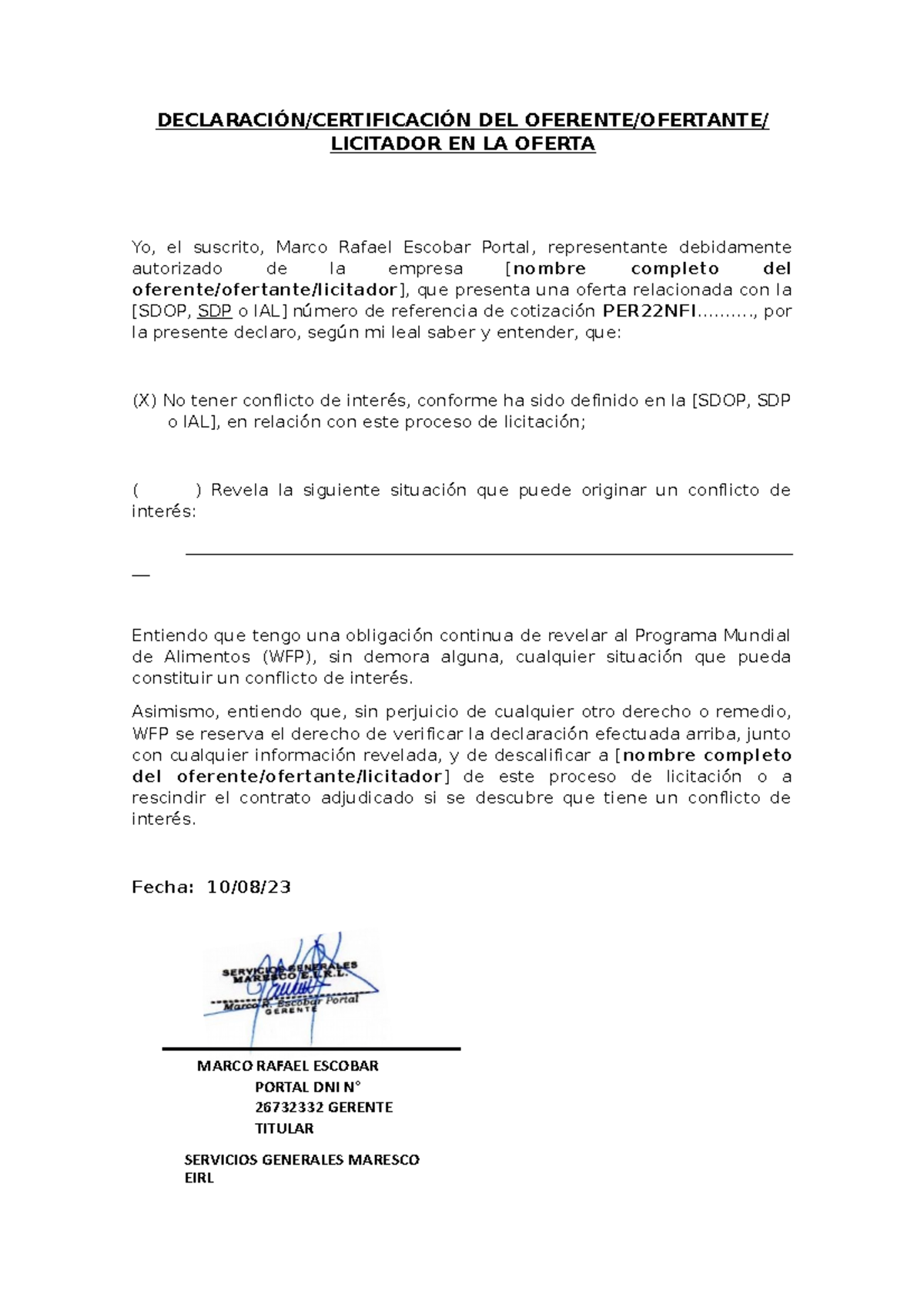 Anexo declaraci n conflicto de interes declaraci n certificaci n