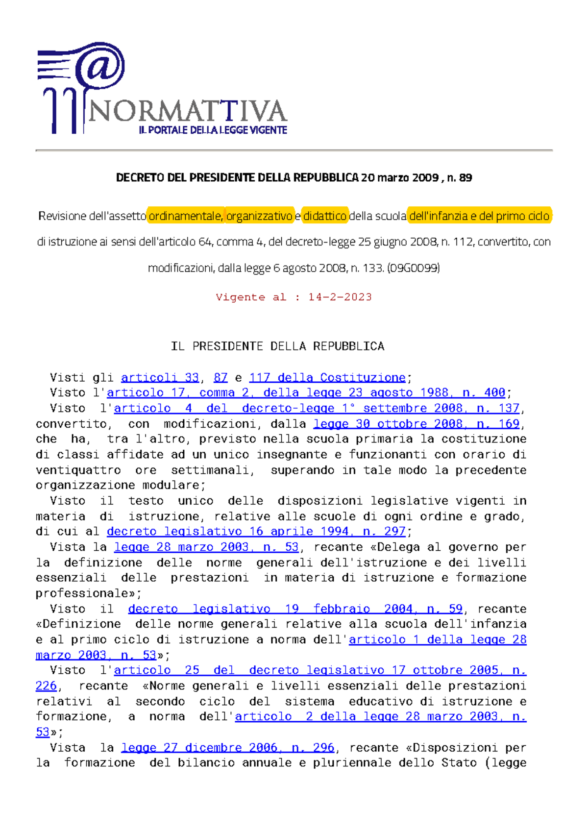 Decreto DEL Presidente Della Repubblica 89 2009 - DECRETO DEL ...