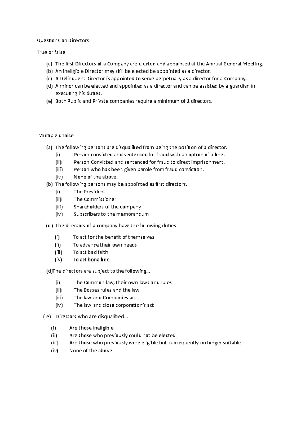 Directors questions - It helps when preparing exams - Questions on ...
