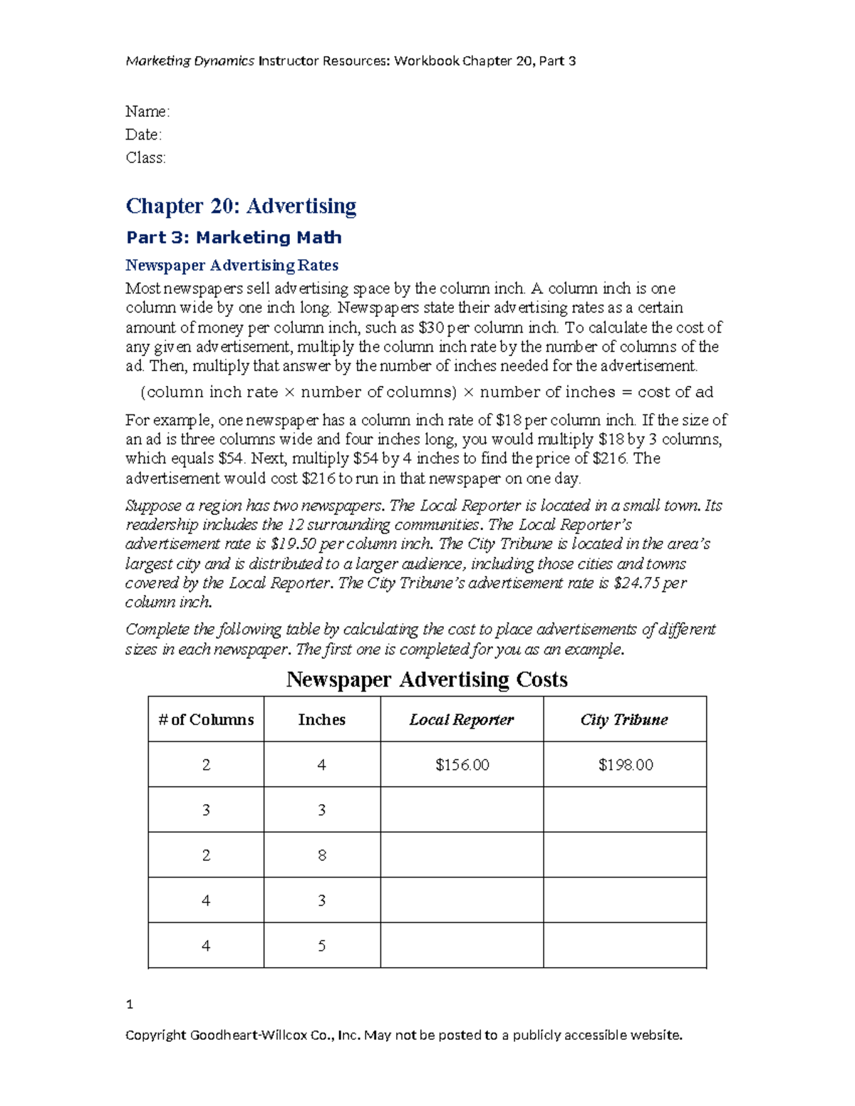 CH - goor for you - Name: Date: Class: Chapter 20: Advertising Part 3 ...