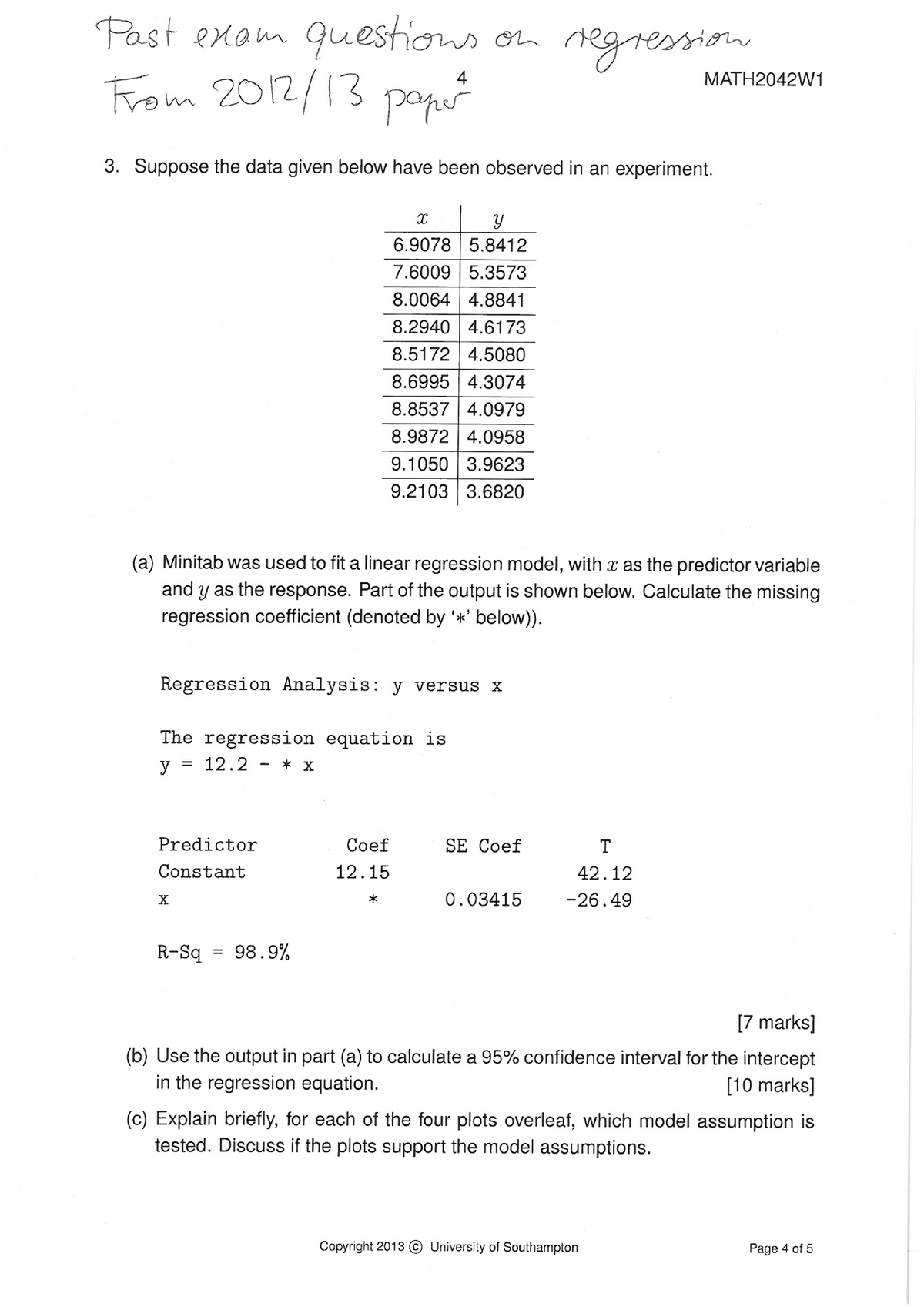 Revision regression - Worksheet - MATH1054 - Studocu