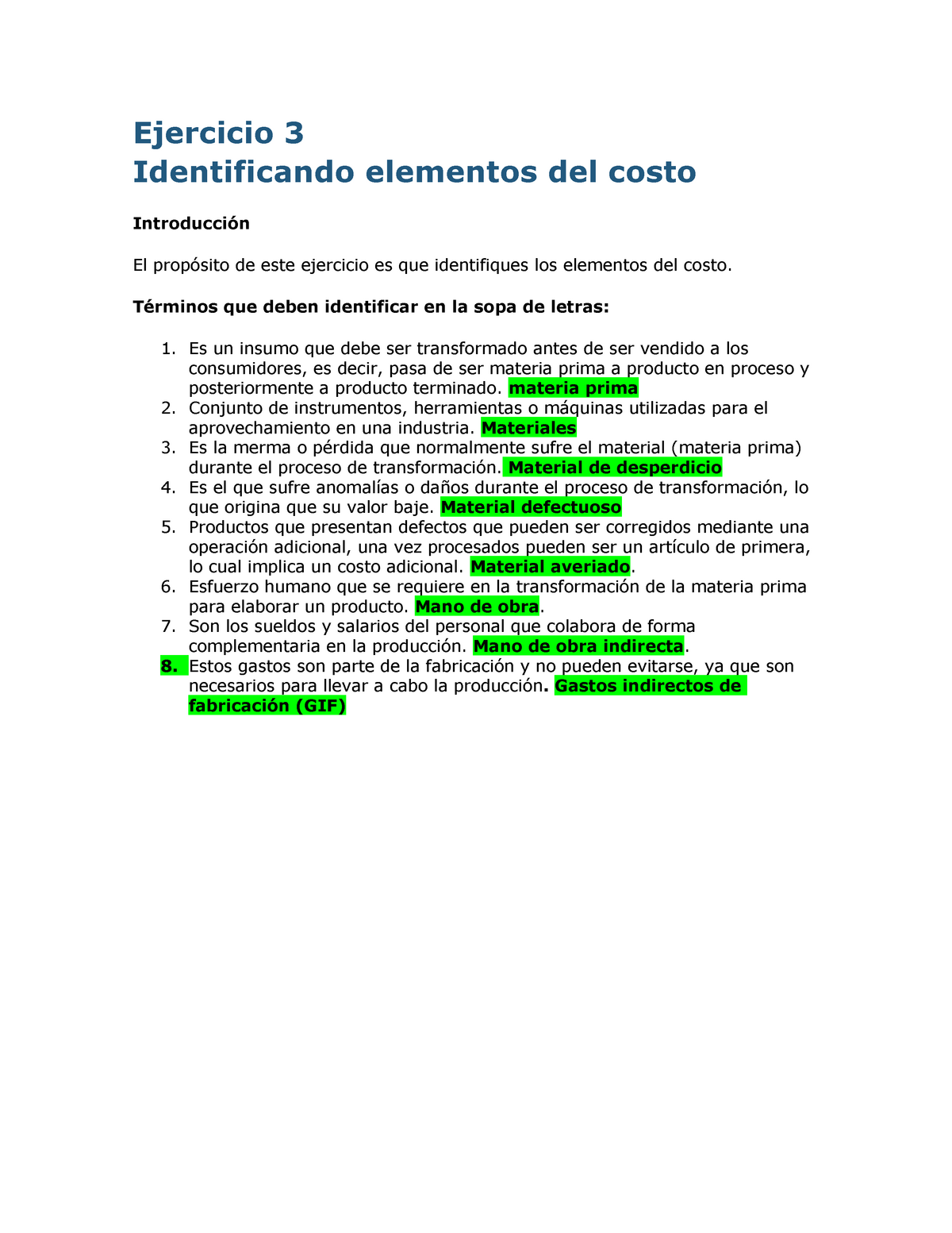 Ejercicio 3 Identificando Elementos Del Costo Ejercicio 3