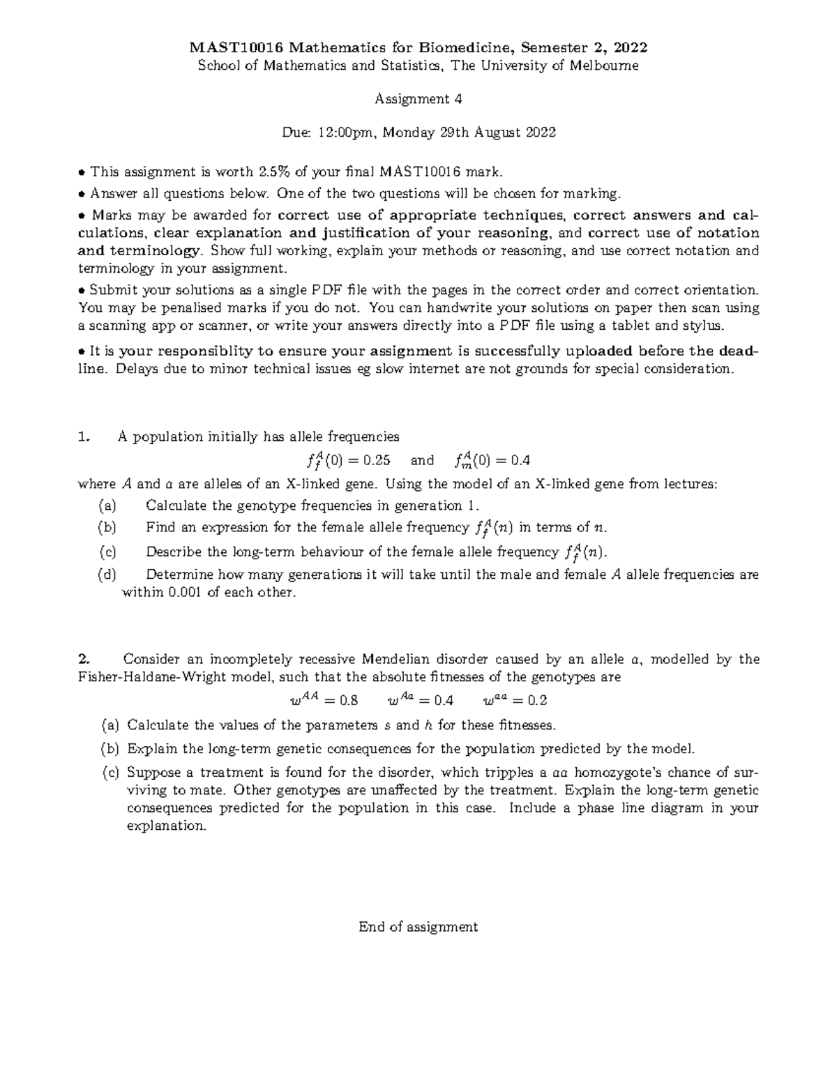Assignment 4 mast10016 2022s2 mast10016 mathematics for biomedicine
