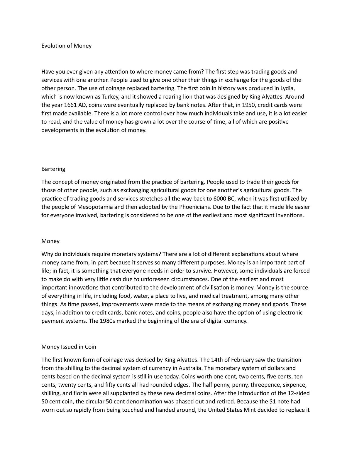 evolution of money essay