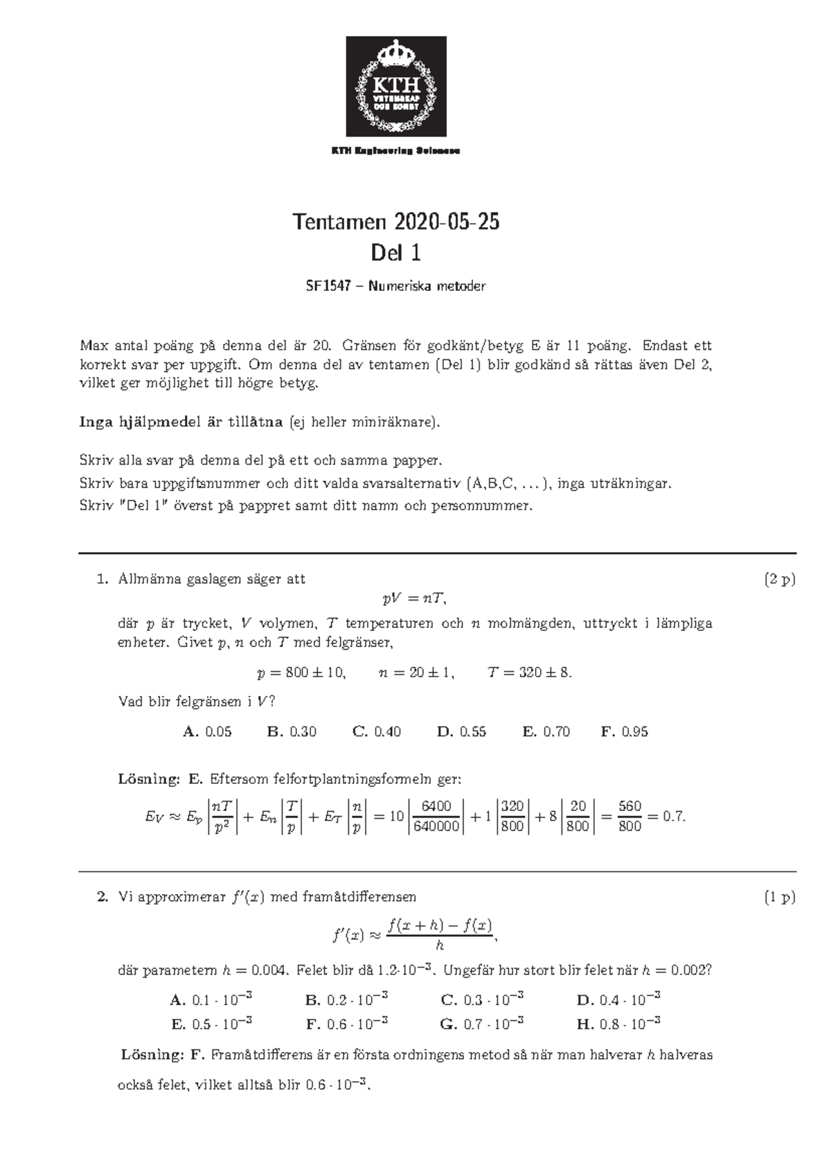 Tenta 202005 25 Del 1 - Tentamen 2020-05- Del 1 SF1547 – Numeriska ...