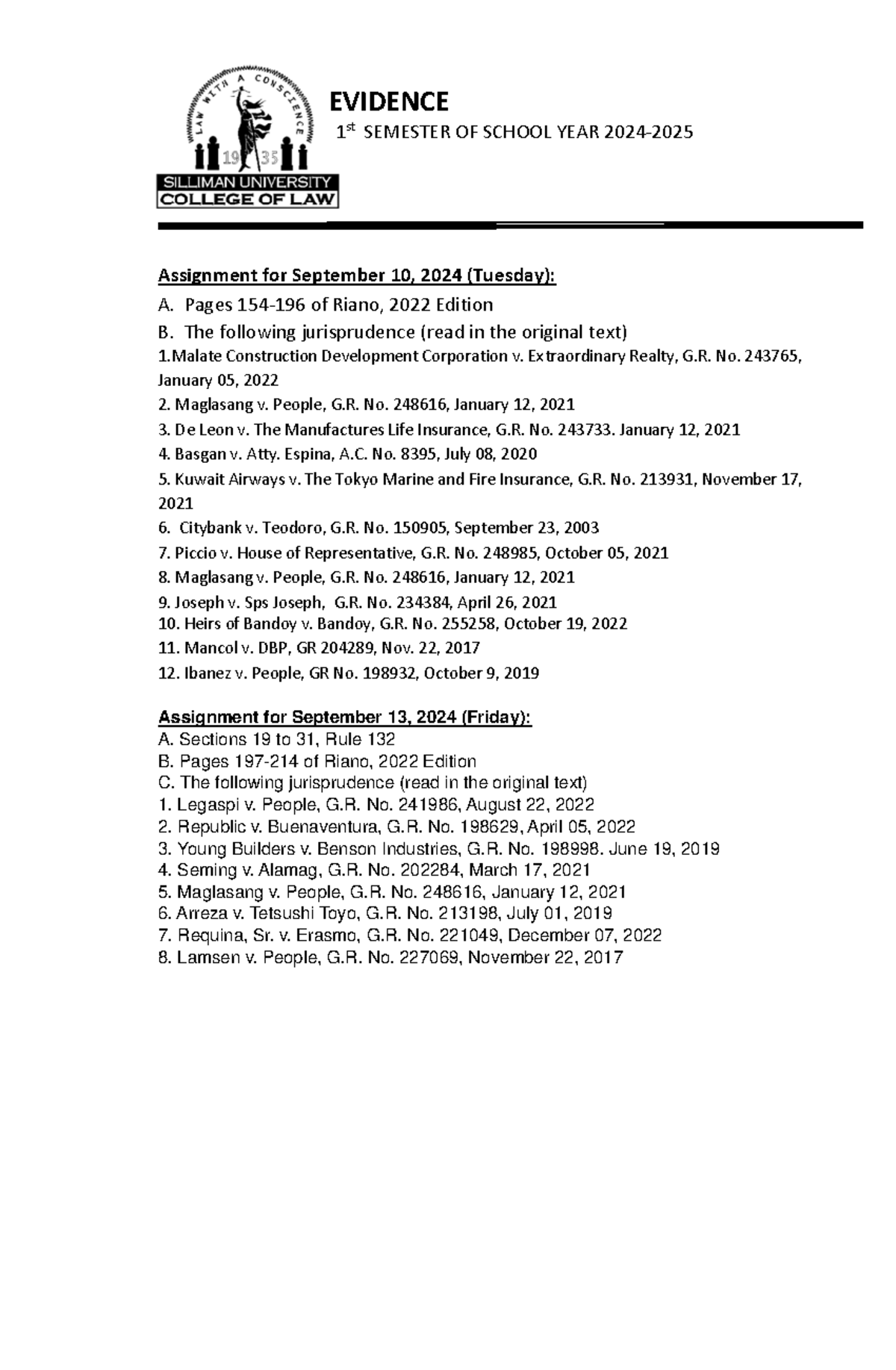 Assignmentfor Sept. 10 and 13 EVIDENCE 1 st SEMESTER OF SCHOOL YEAR